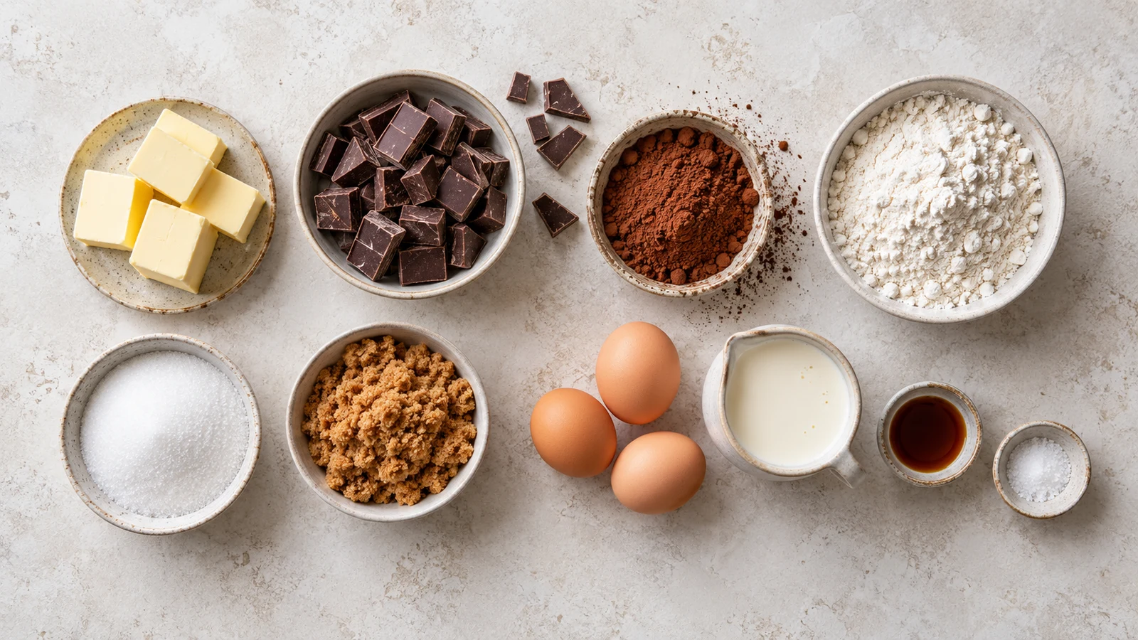 Chocolate brownie cake recipe: butter, chocolate, cocoa, flour, sugars, eggs, cream, vanilla, and salt for chocolate brownie cake.