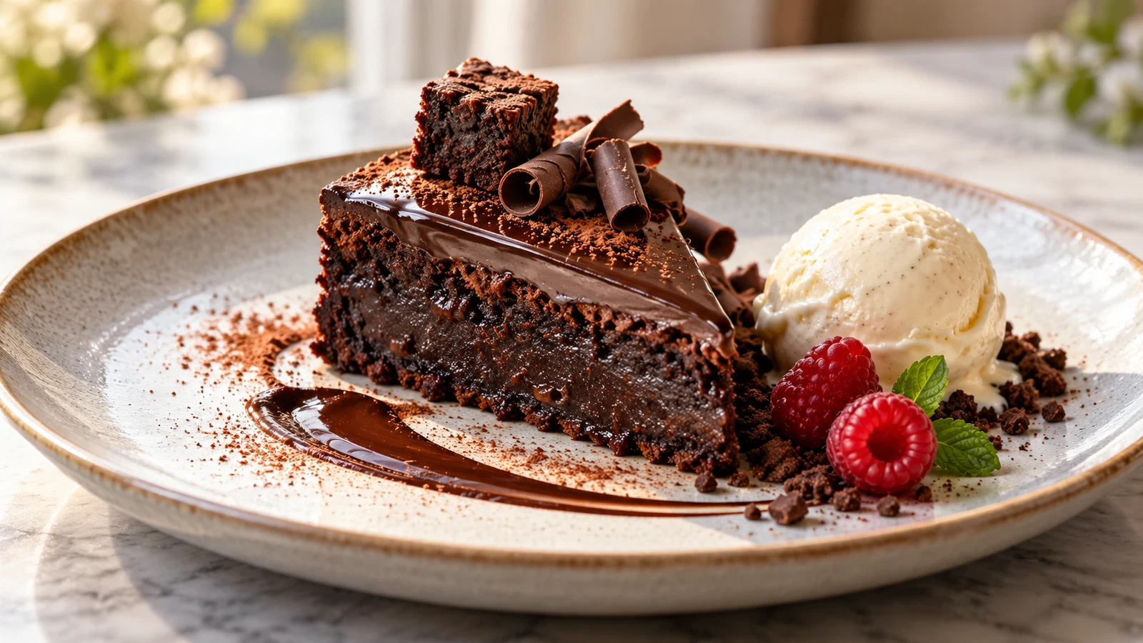 Slice of chocolate brownie cake with ganache, vanilla ice cream, fresh raspberries, and chocolate curls.