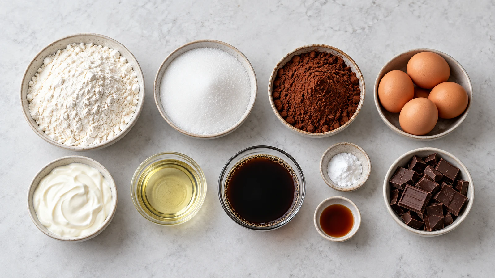 Chocolate bundt cake recipe: chocolate bundt cake ingredients arranged in bowls, including cocoa, flour, eggs, sour cream, and chocolate.
