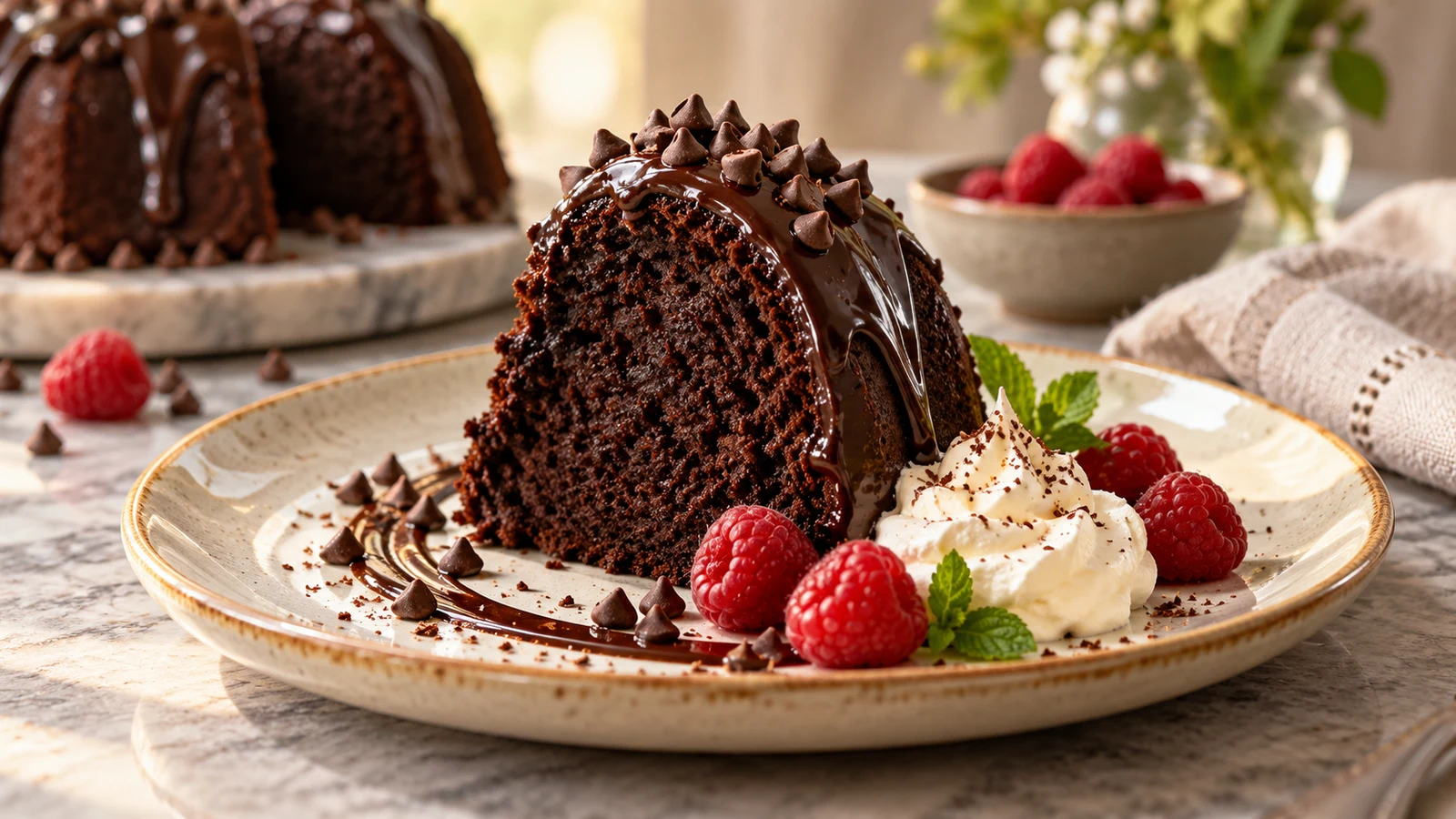 Chocolate bundt cake slice with ganache, mini chocolate chips, raspberries, and lightly whipped cream.