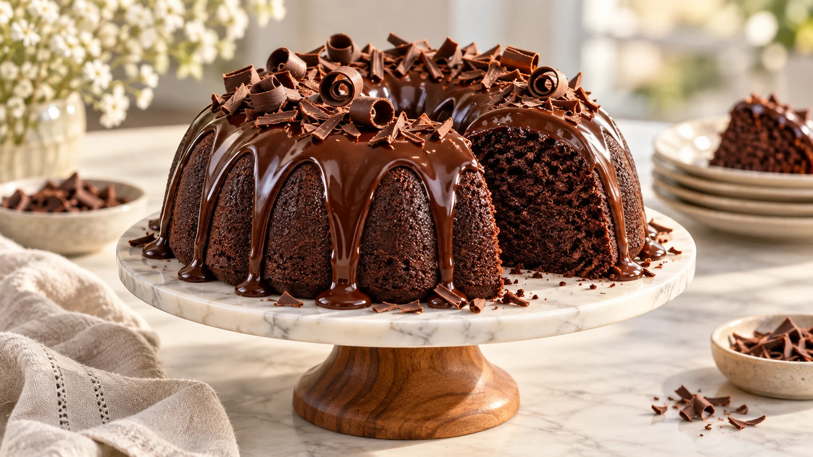 Chocolate bundt cake on an elegant stand with glossy ganache and a sliced portion showing its moist crumb.