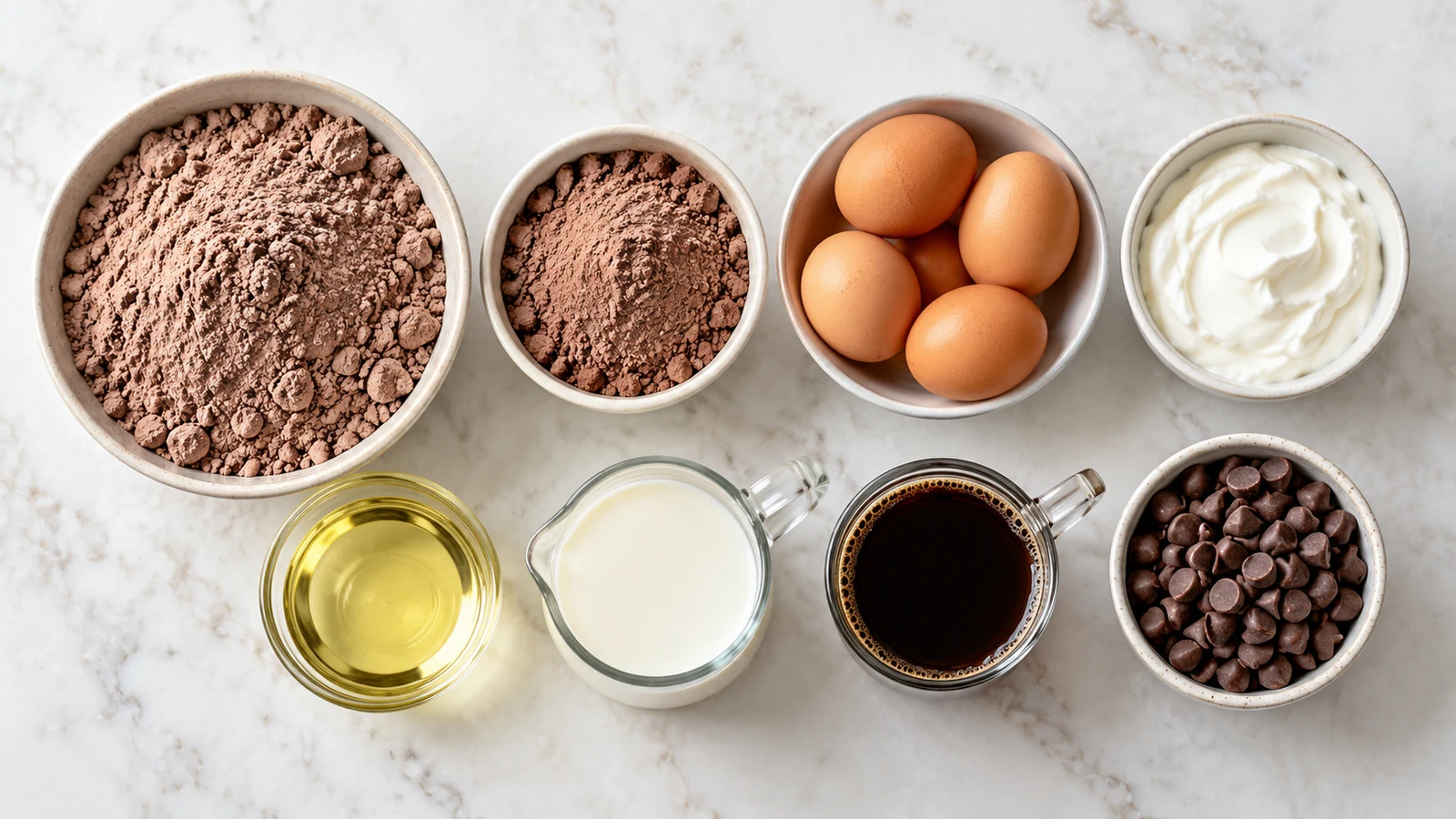 Chocolate cake mix recipes: ingredients for chocolate cake mix Bundt cake arranged in bowls with eggs, sour cream, coffee, and chocolate chips.
