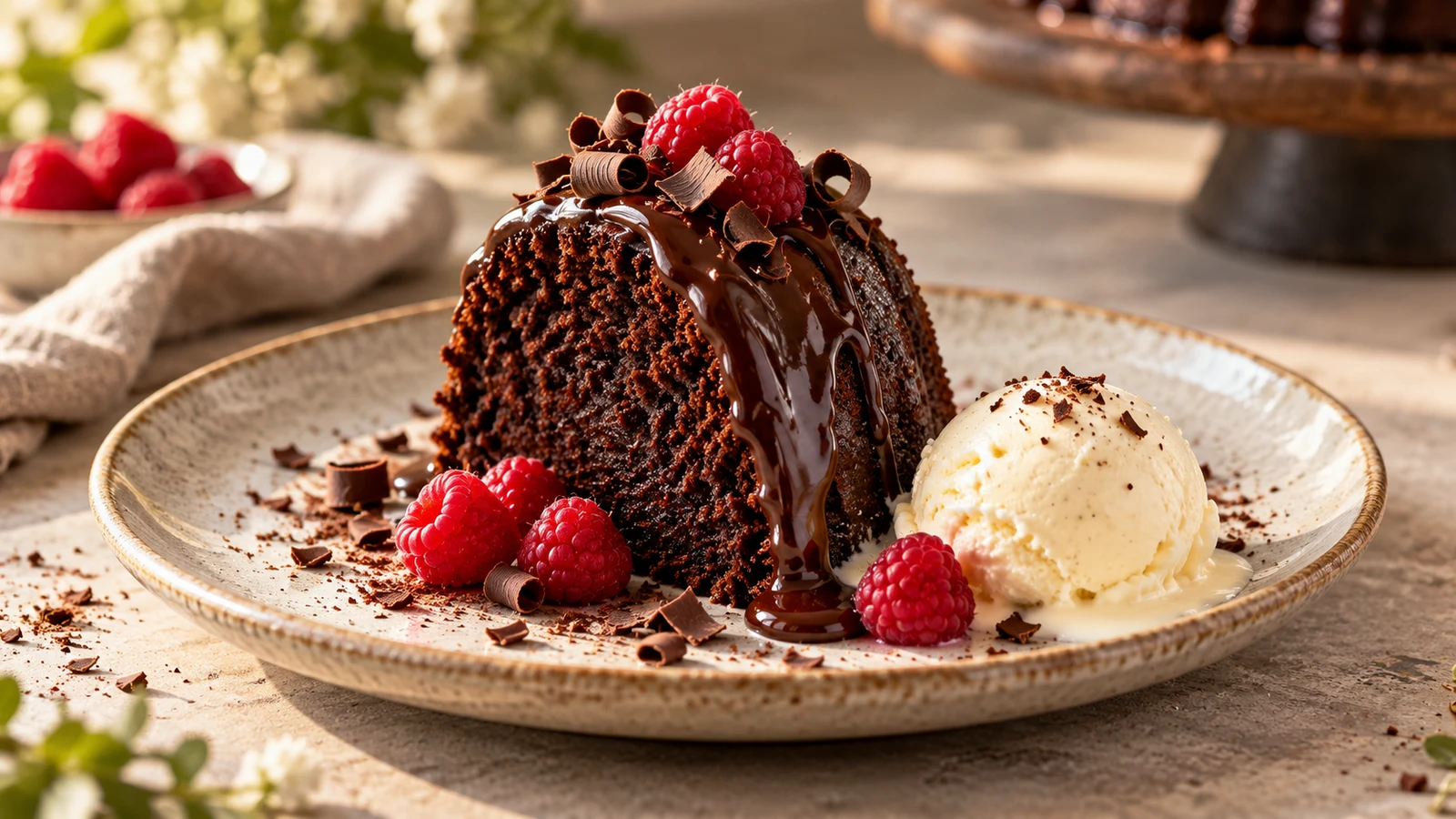 Chocolate cake mix Bundt cake slice with ganache, raspberries, chocolate curls, and vanilla ice cream.