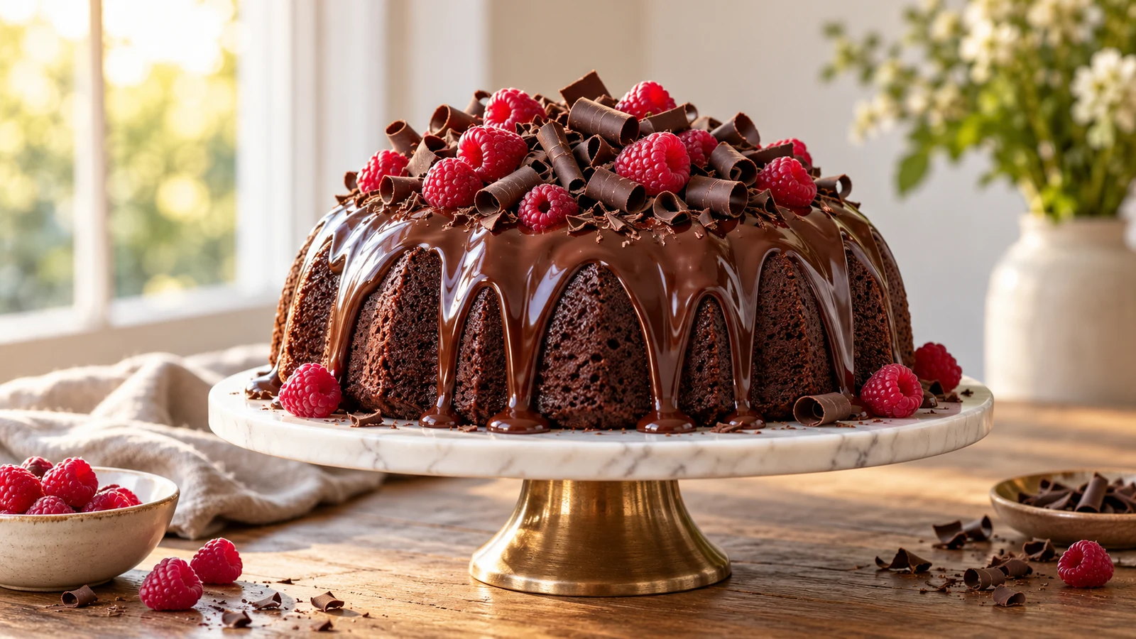 Chocolate cake mix Bundt cake with glossy ganache, chocolate curls, and fresh raspberries on an elegant stand.