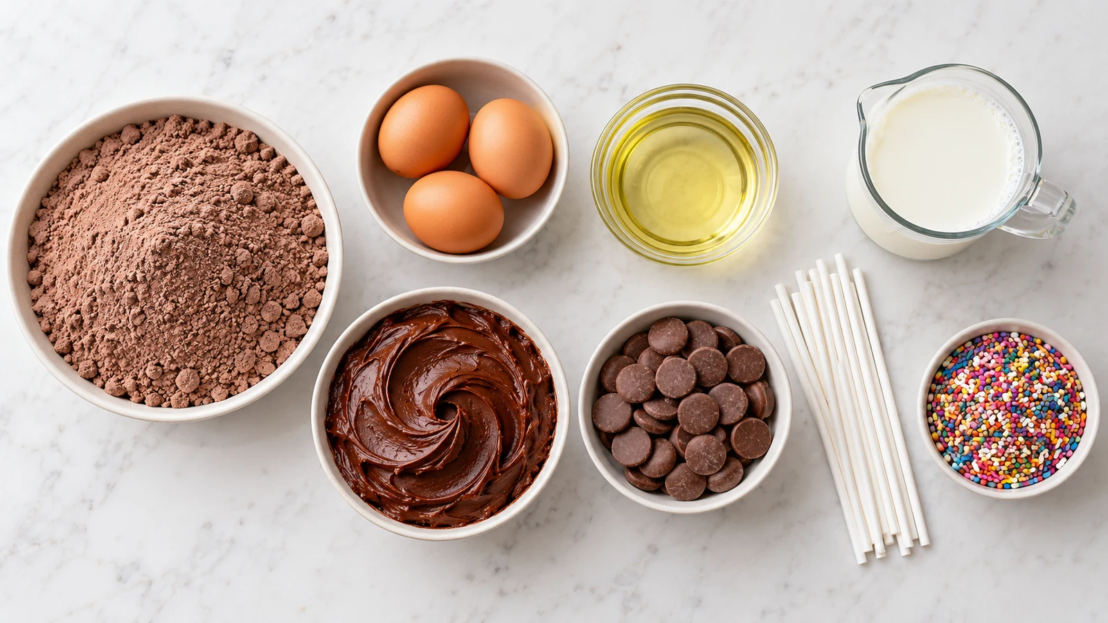 Chocolate cake pop recipe: ingredients for chocolate cake pops arranged neatly in bowls with sticks and colorful sprinkles.