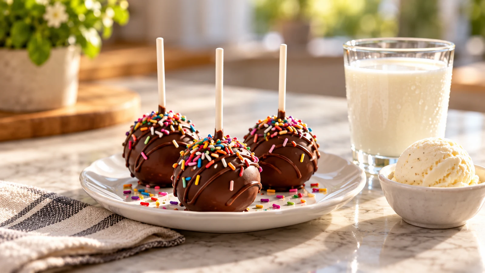 Chocolate cake pops served with cold milk and vanilla ice cream, topped with drizzle and colorful sprinkles.