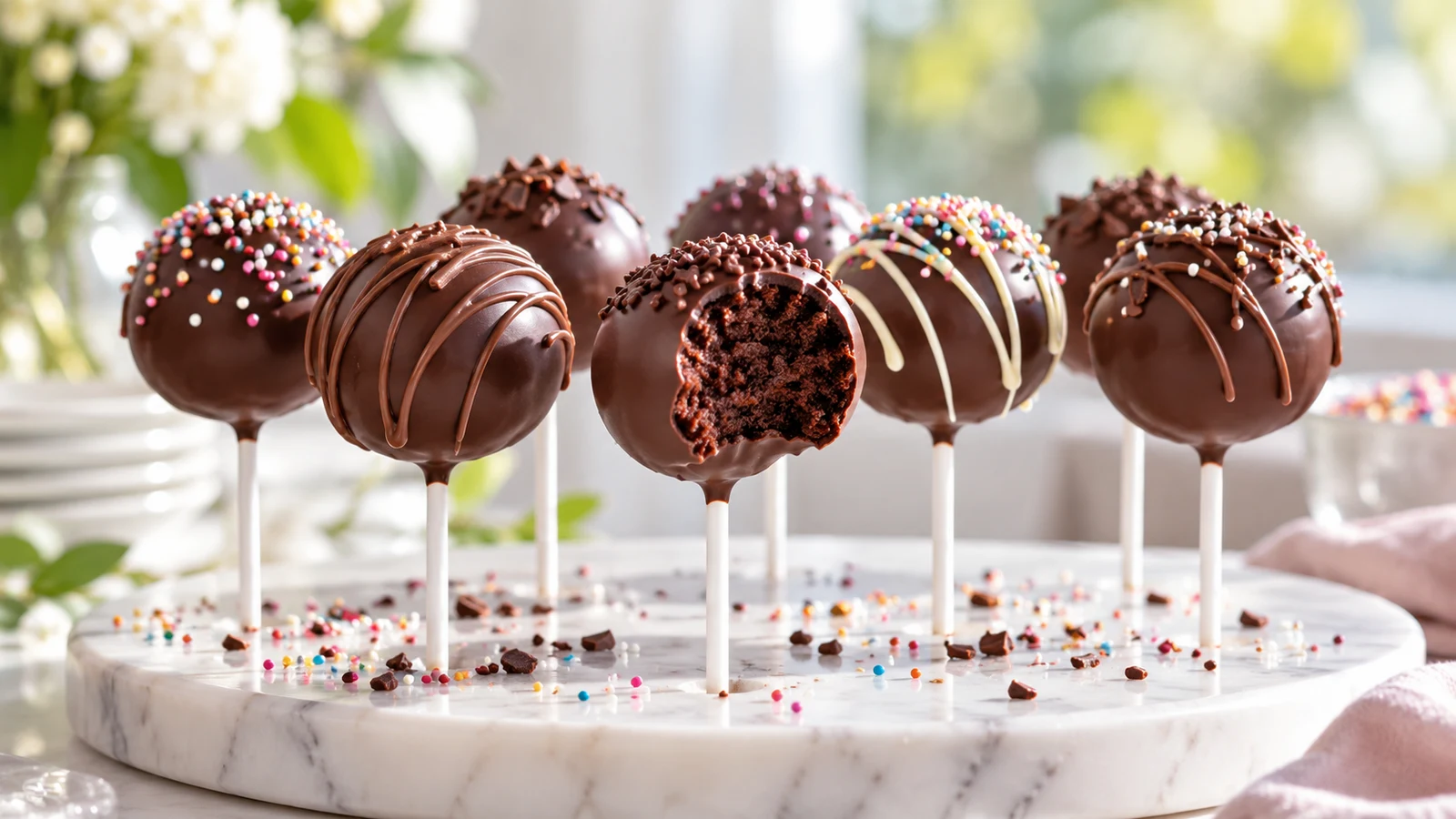 Chocolate cake pops with glossy coating, chocolate drizzle, and colorful sprinkles on a bright party table.