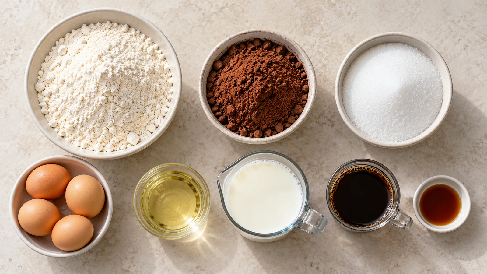 Ingredients for chocolate cake recipe without buttermilk