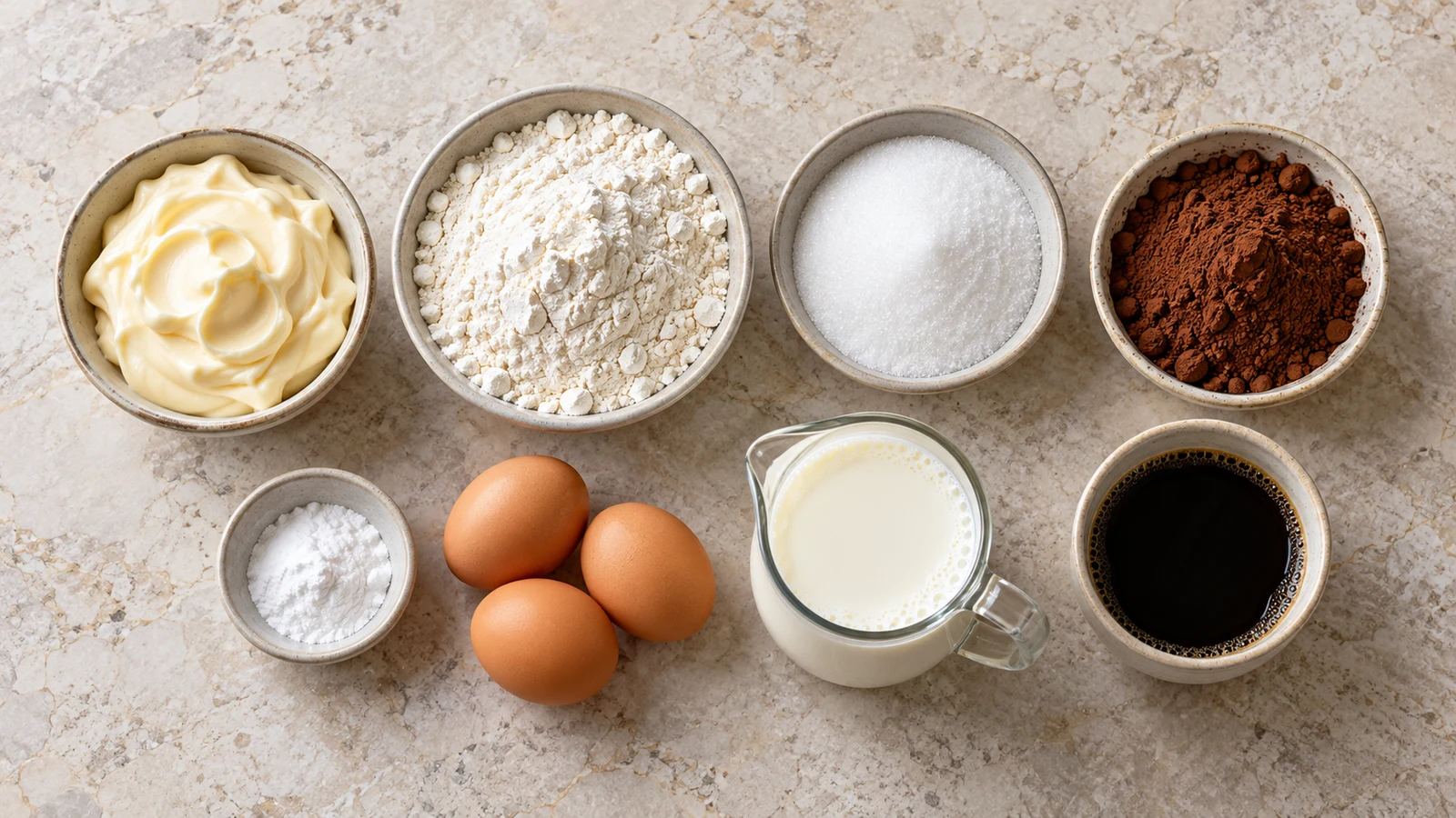 Ingredients for chocolate cake recipes with mayonnaise arranged in a bright, organized flat lay.