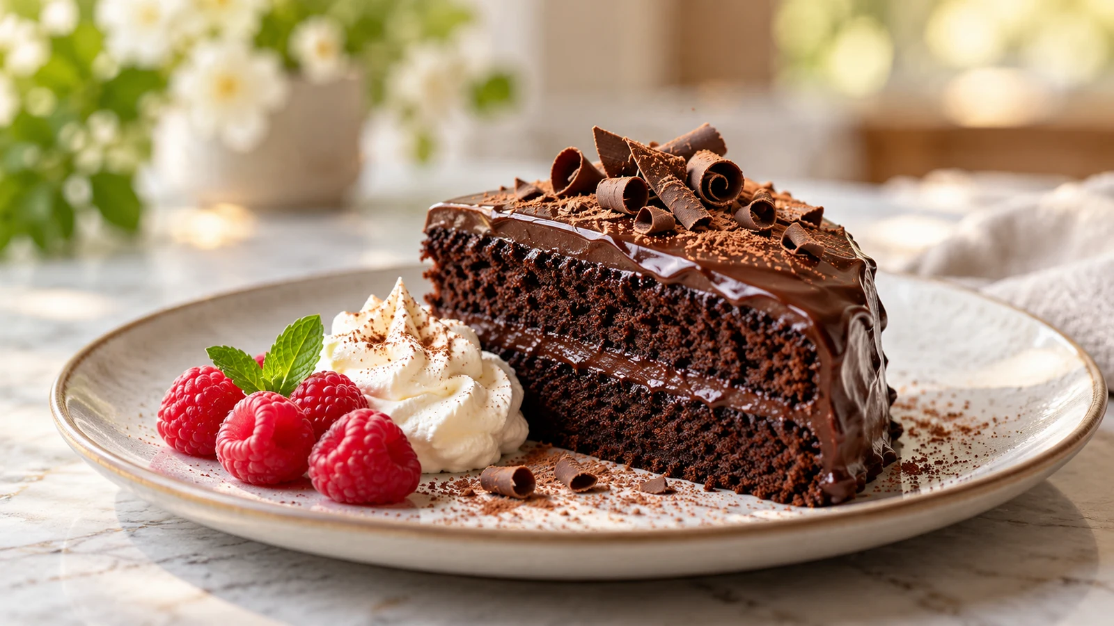 Chocolate cake recipes with mayonnaise served with raspberries and lightly whipped cream.