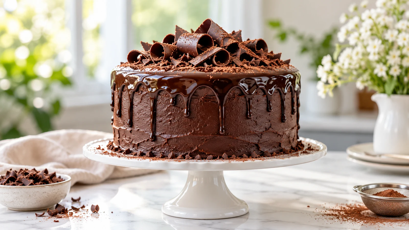 Chocolate cake recipes with mayonnaise topped with glossy ganache, chocolate curls, and cocoa dusting.