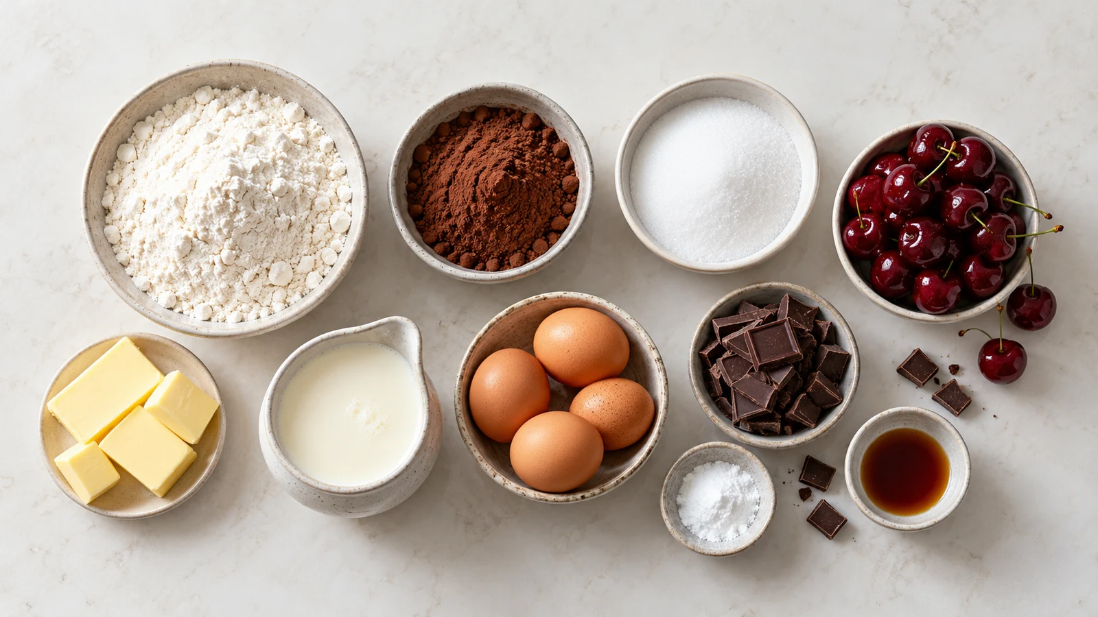 Chocolate cherry cake recipe: chocolate cherry cake ingredients arranged in bowls, including cocoa, cherries, eggs and dark chocolate.