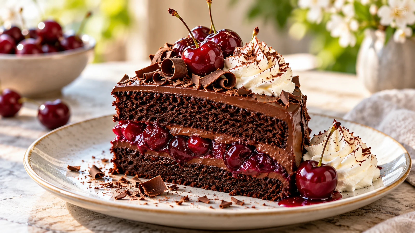Chocolate cherry cake slice with cherry filling, chocolate curls, fresh cherries and whipped cream.