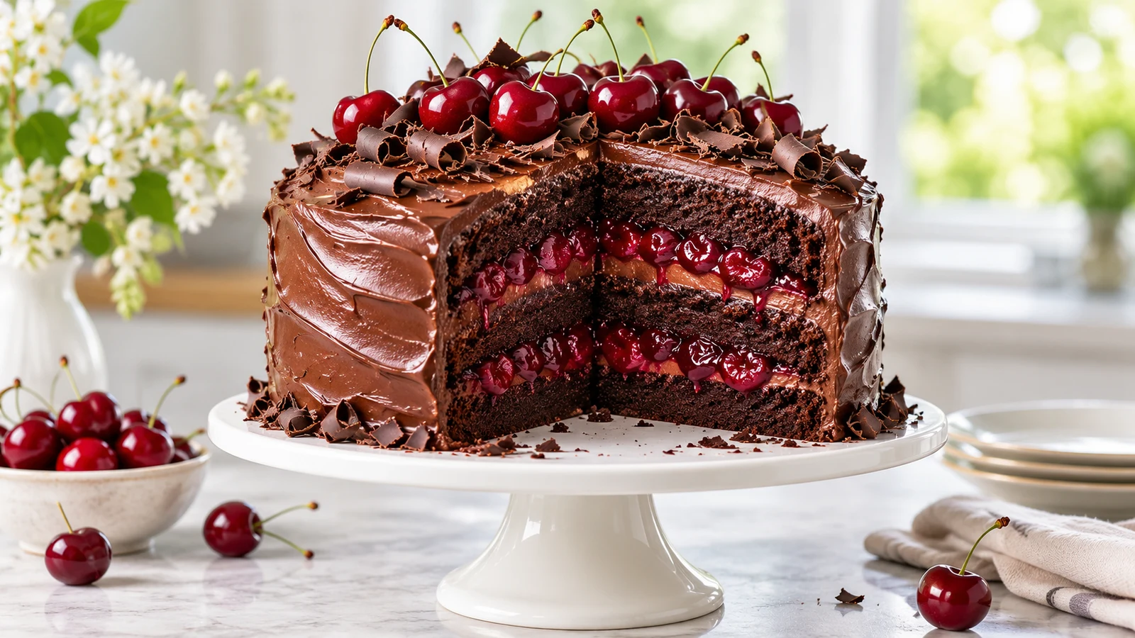 Chocolate cherry cake with glossy frosting, ruby filling, fresh cherries and delicate chocolate curls.