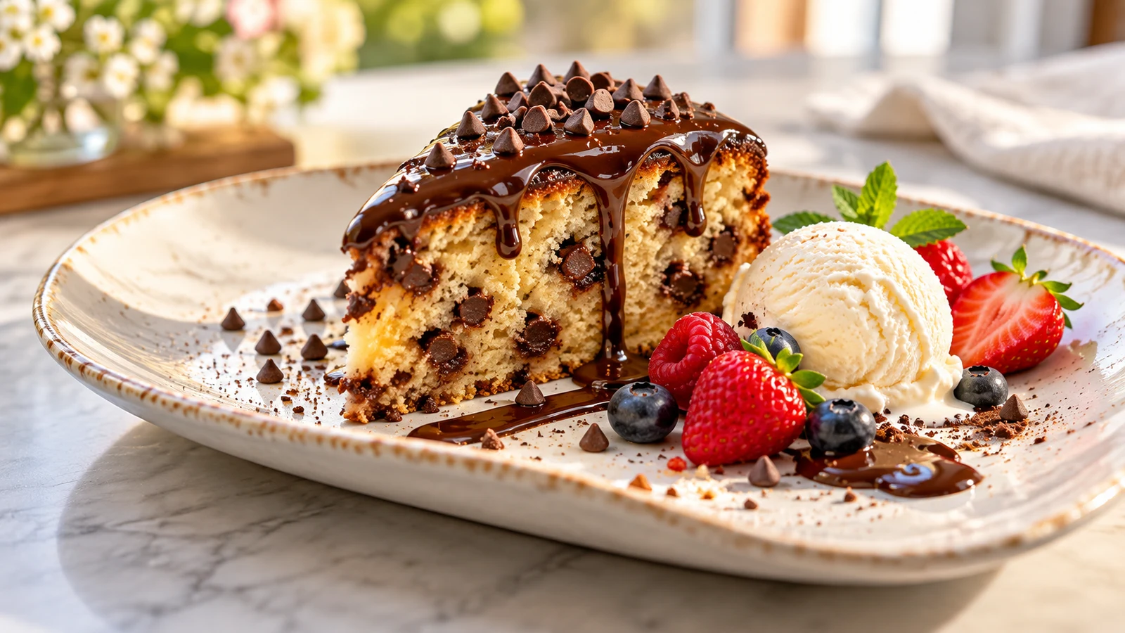 Chocolate chip cake slice served with vanilla ice cream and fresh berries.
