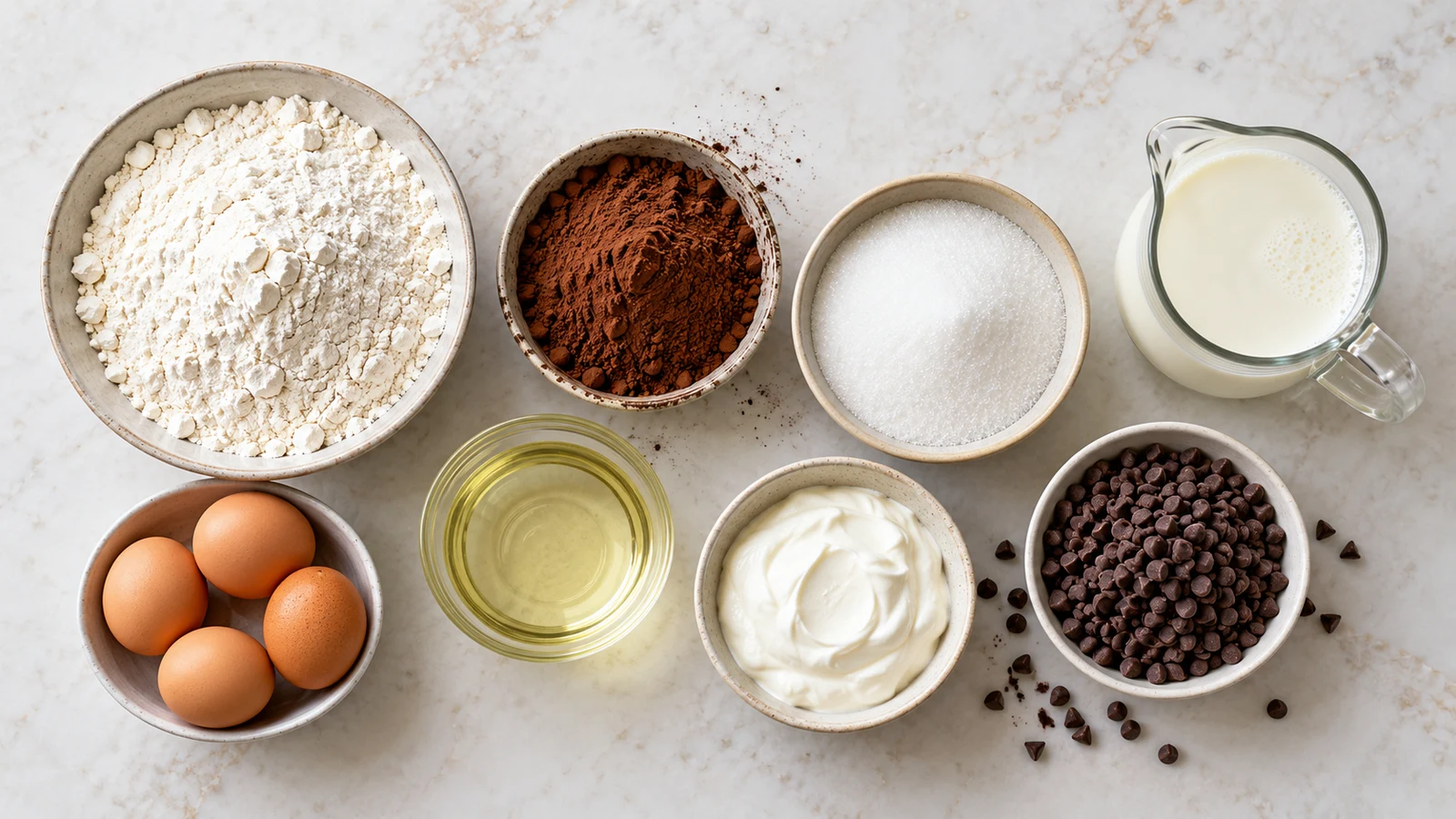 Chocolate chocolate chip cake recipe: ingredients for chocolate chocolate chip cake arranged in bowls on a light surface.