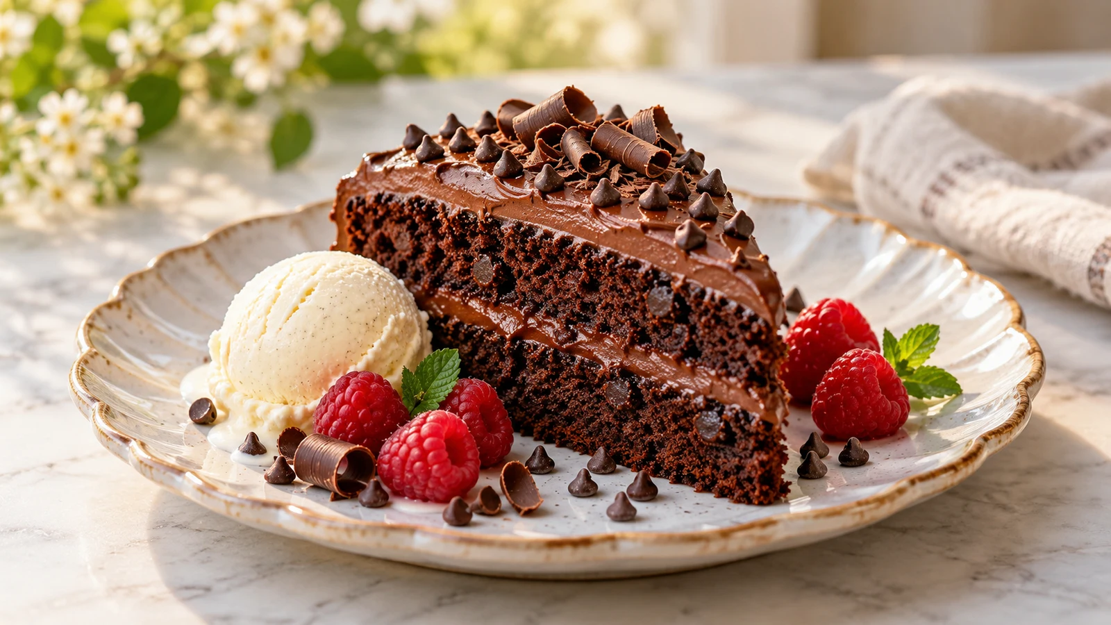 Chocolate chocolate chip cake slice served with vanilla ice cream and fresh raspberries.