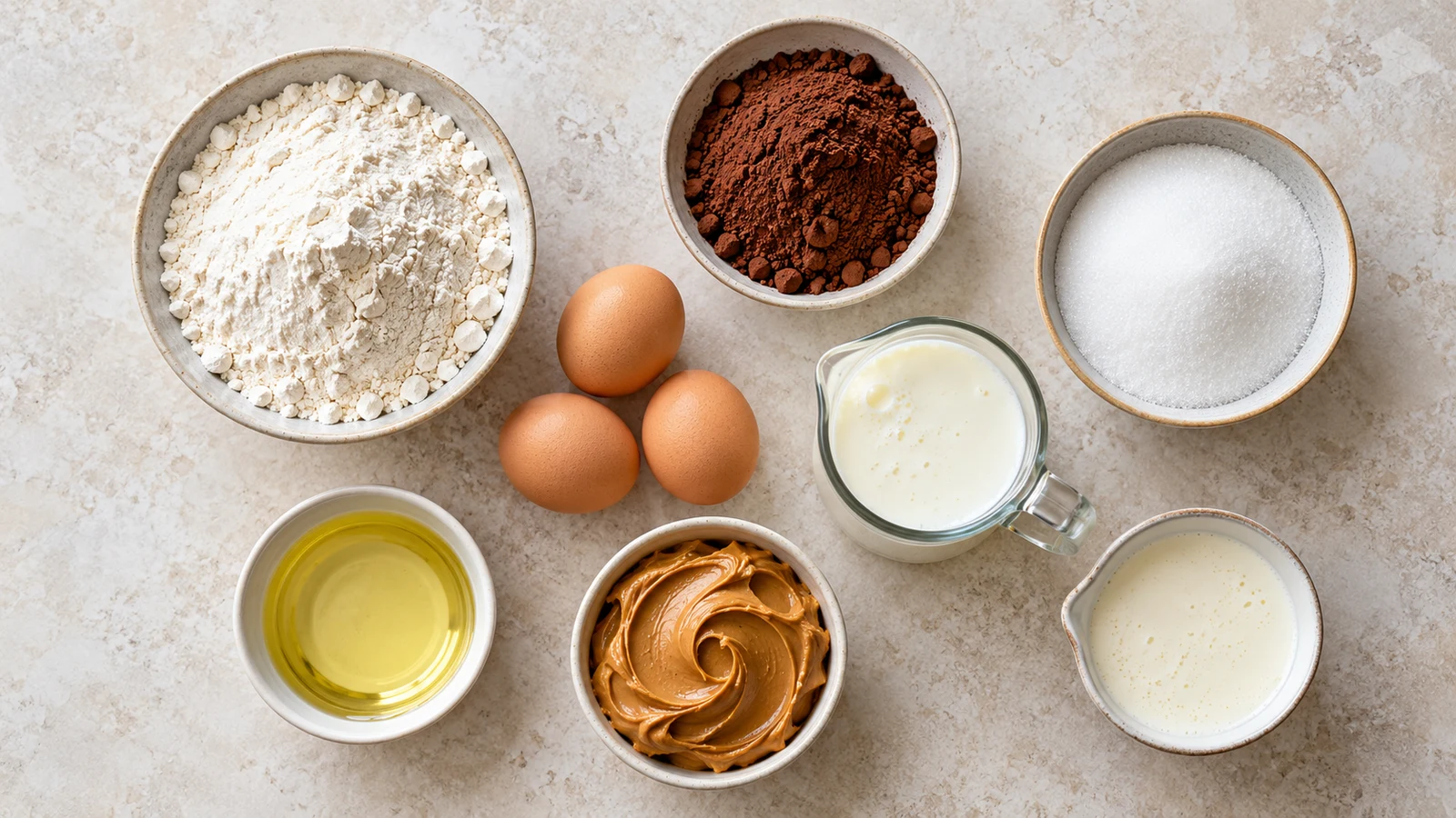Chocolate peanut butter cake recipe: chocolate peanut butter cake ingredients arranged in bowls on a light stone surface.