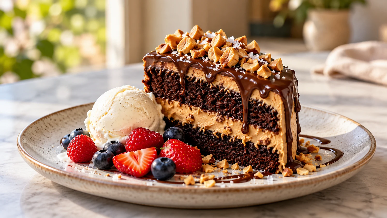 Chocolate peanut butter cake slice served with vanilla ice cream and fresh berries.