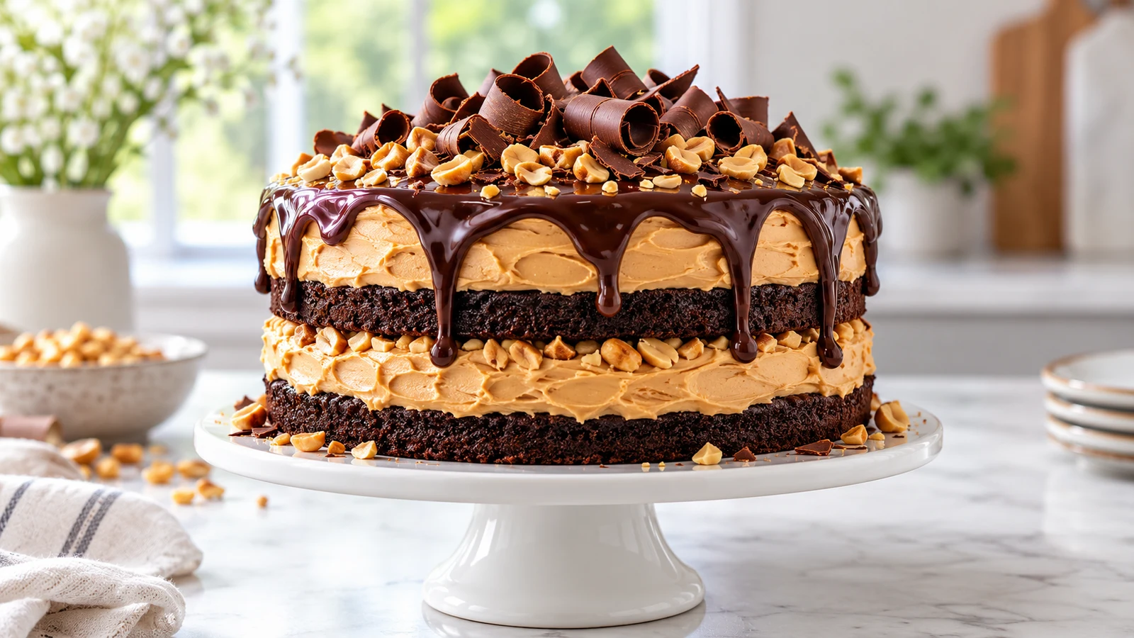 Chocolate peanut butter cake with glossy ganache, peanut frosting, roasted peanuts, and chocolate curls.