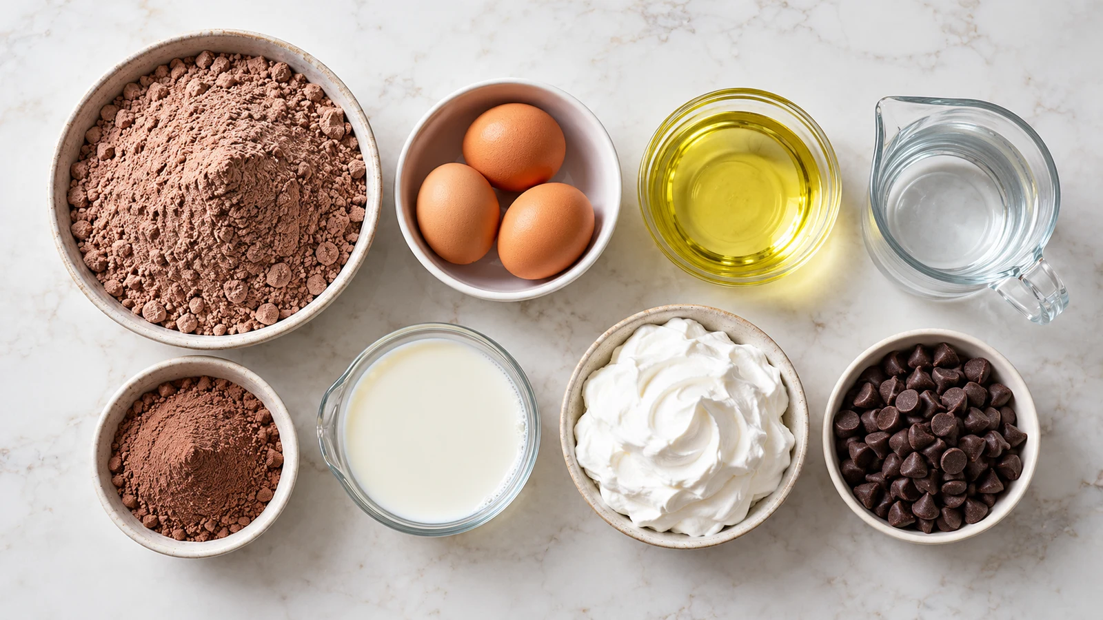 Chocolate poke cake recipe: chocolate poke cake ingredients arranged in bowls on a bright, clean surface.