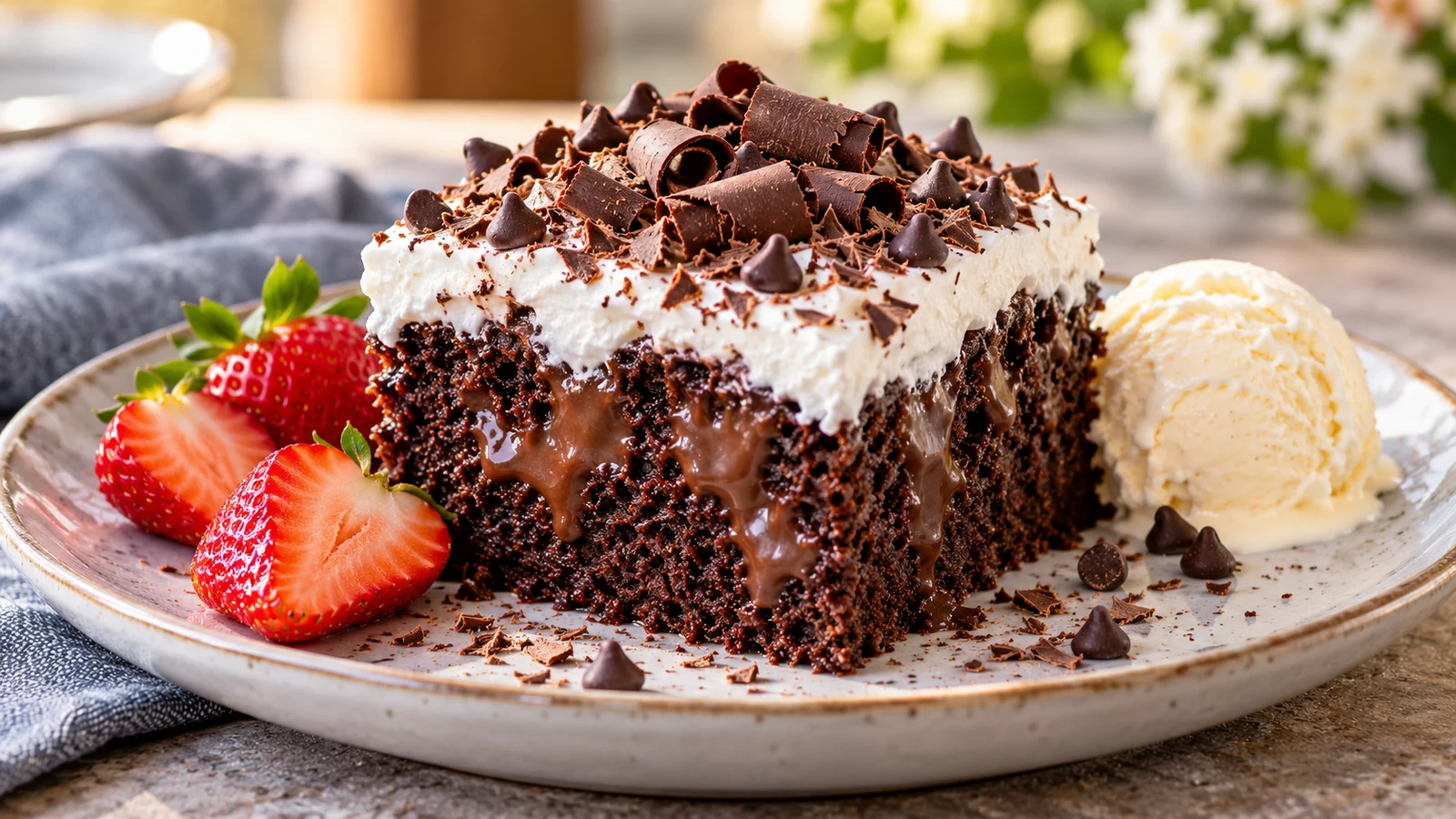 Chocolate poke cake served with vanilla ice cream, fresh strawberries, chocolate curls, and mini chips.