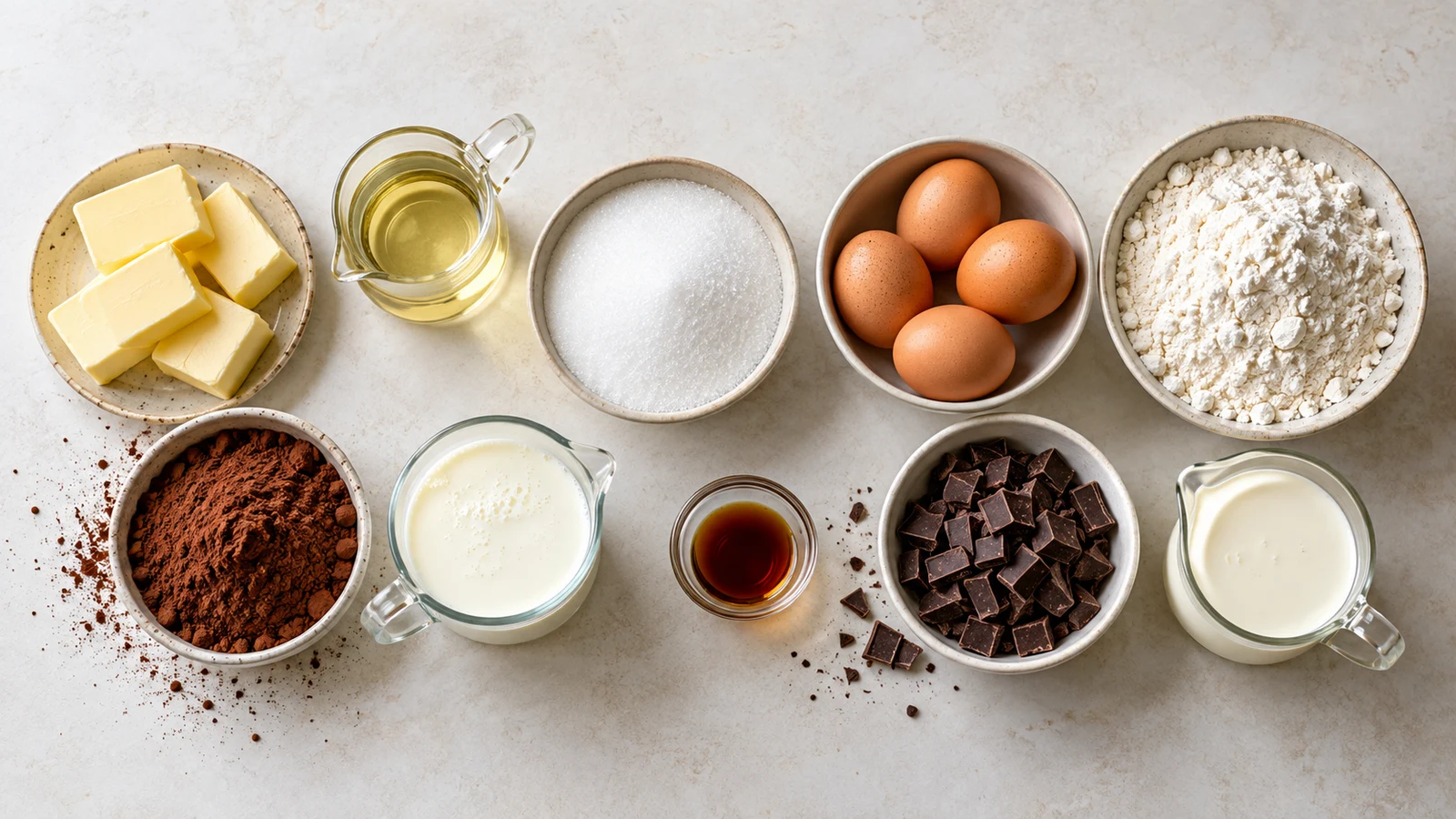 Chocolate pound cake recipe: chocolate pound cake ingredients arranged in bowls with cocoa, flour, eggs, butter, and buttermilk.