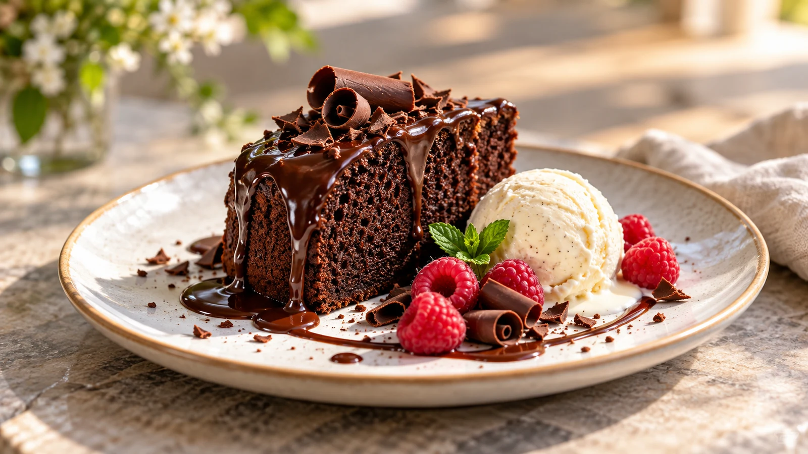 Chocolate pound cake slice with ganache, vanilla ice cream, chocolate curls, and raspberries.