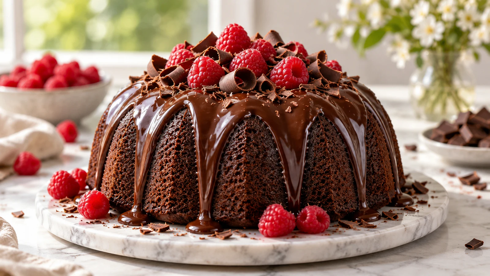 Chocolate pound cake with glossy ganache, chocolate curls, and fresh raspberries on a modern table.