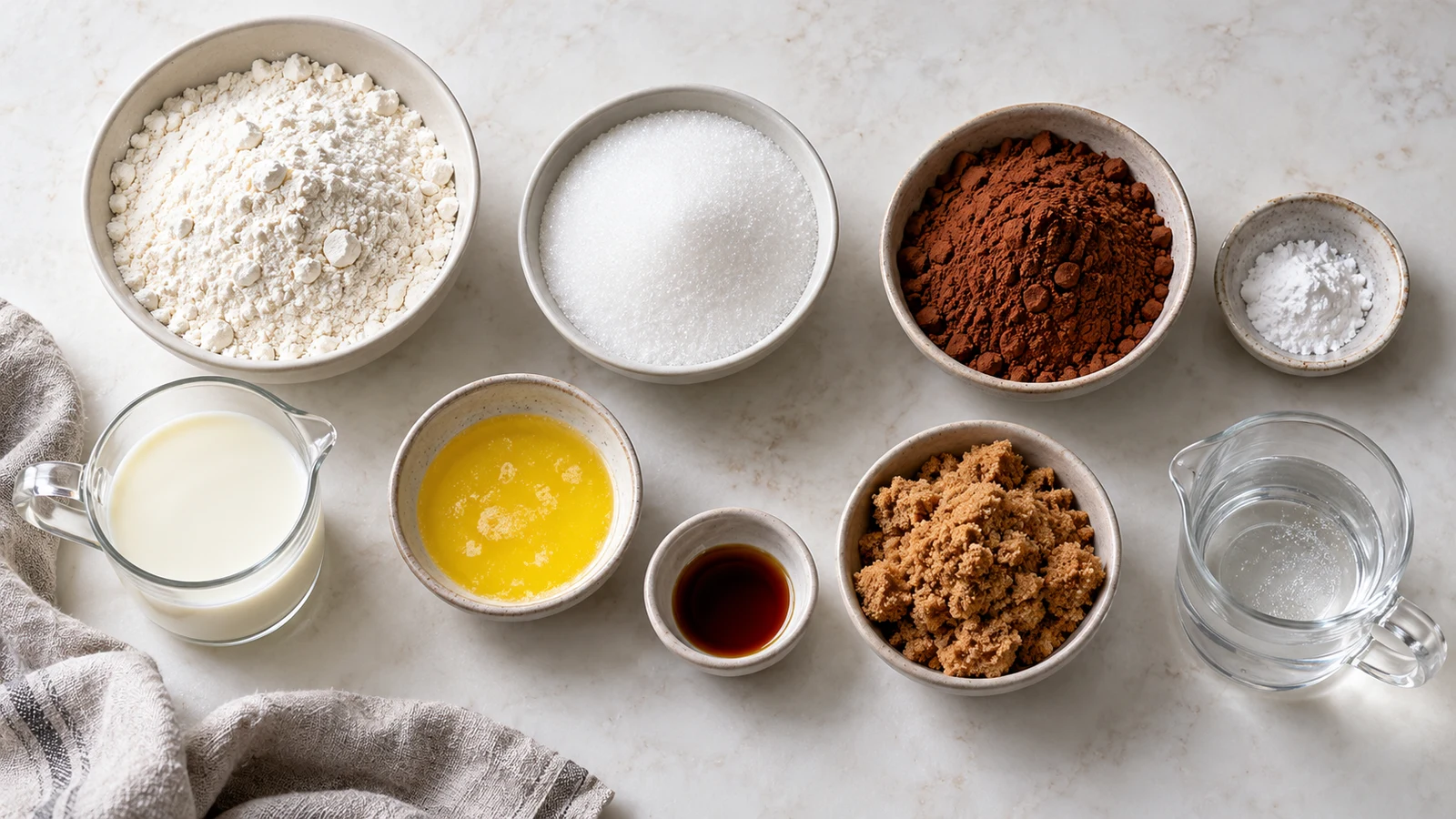 Chocolate pudding cake recipe: ingredients for chocolate pudding cake arranged in bowls on a clean, light surface.