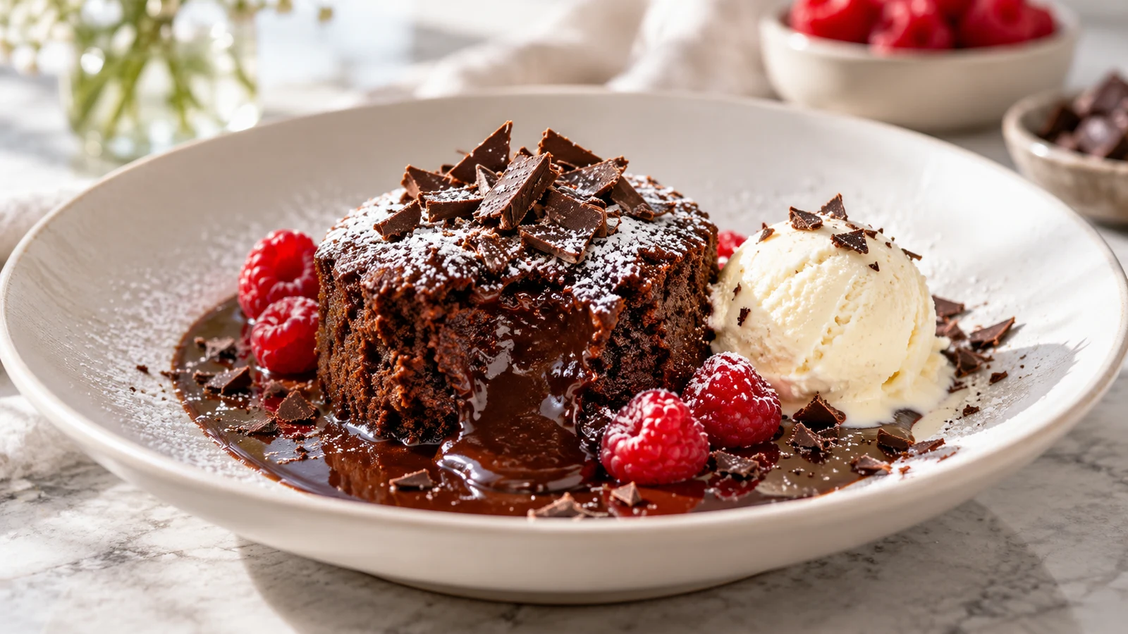 Individual chocolate pudding cake serving with ice cream, powdered sugar, chocolate shavings, and raspberries.