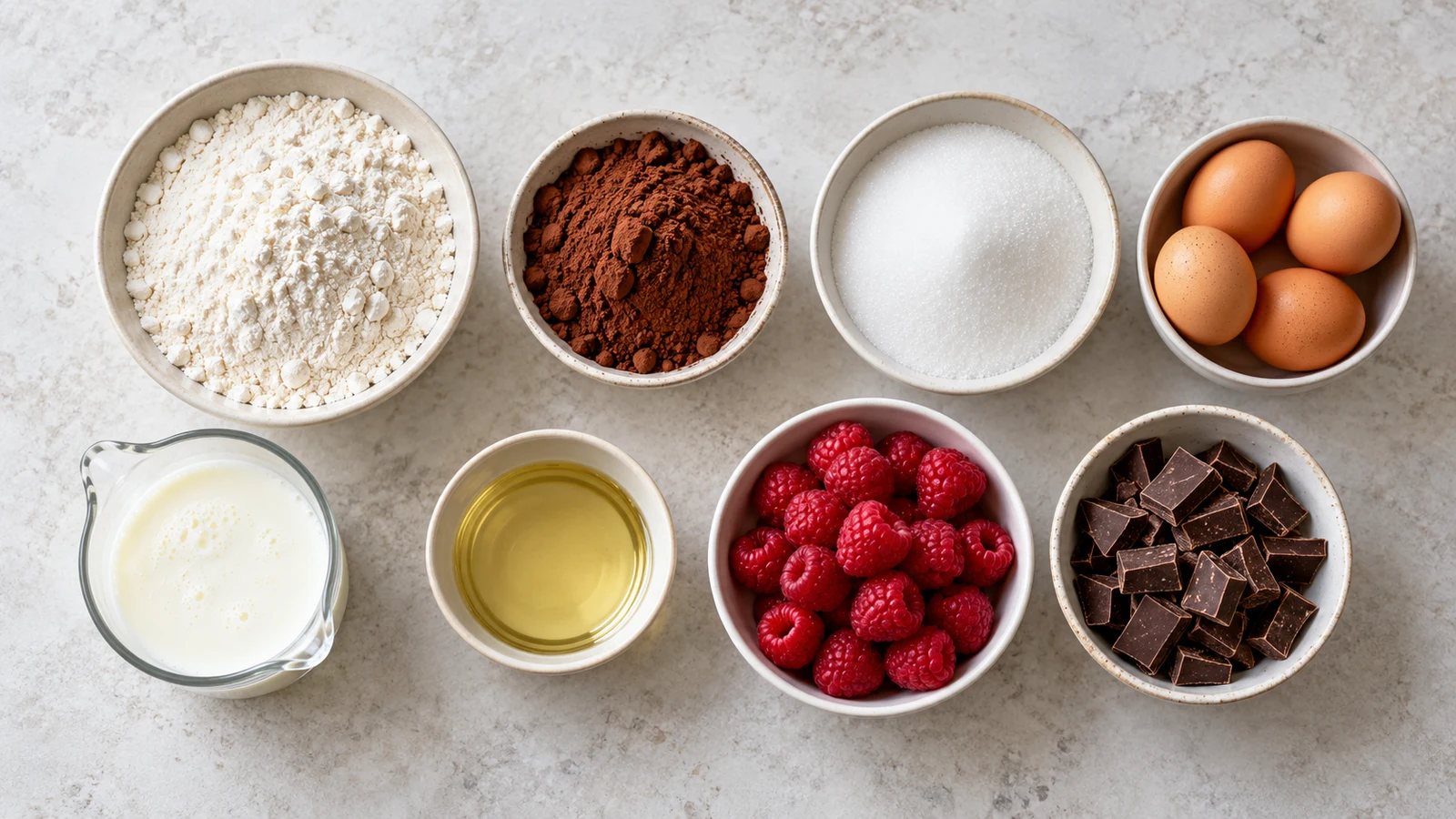 Chocolate raspberry cake recipe: ingredients for chocolate raspberry cake arranged in bowls on a clean light surface.