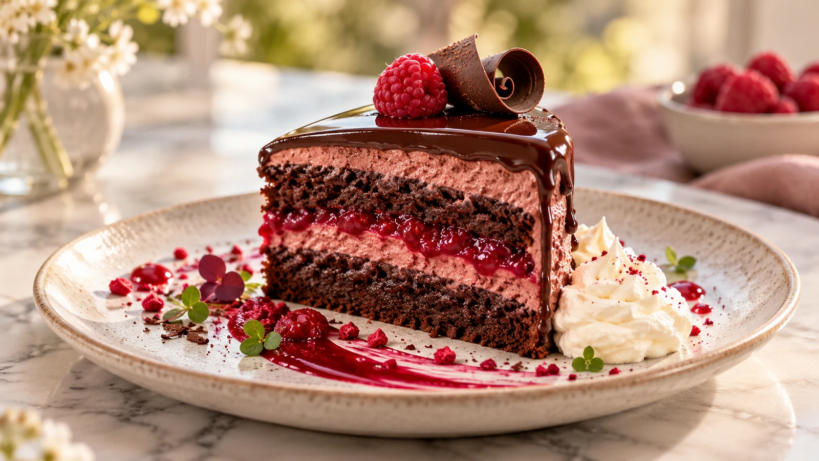 Slice of chocolate raspberry cake with ganache, fresh raspberry, chocolate curl and whipped cream.