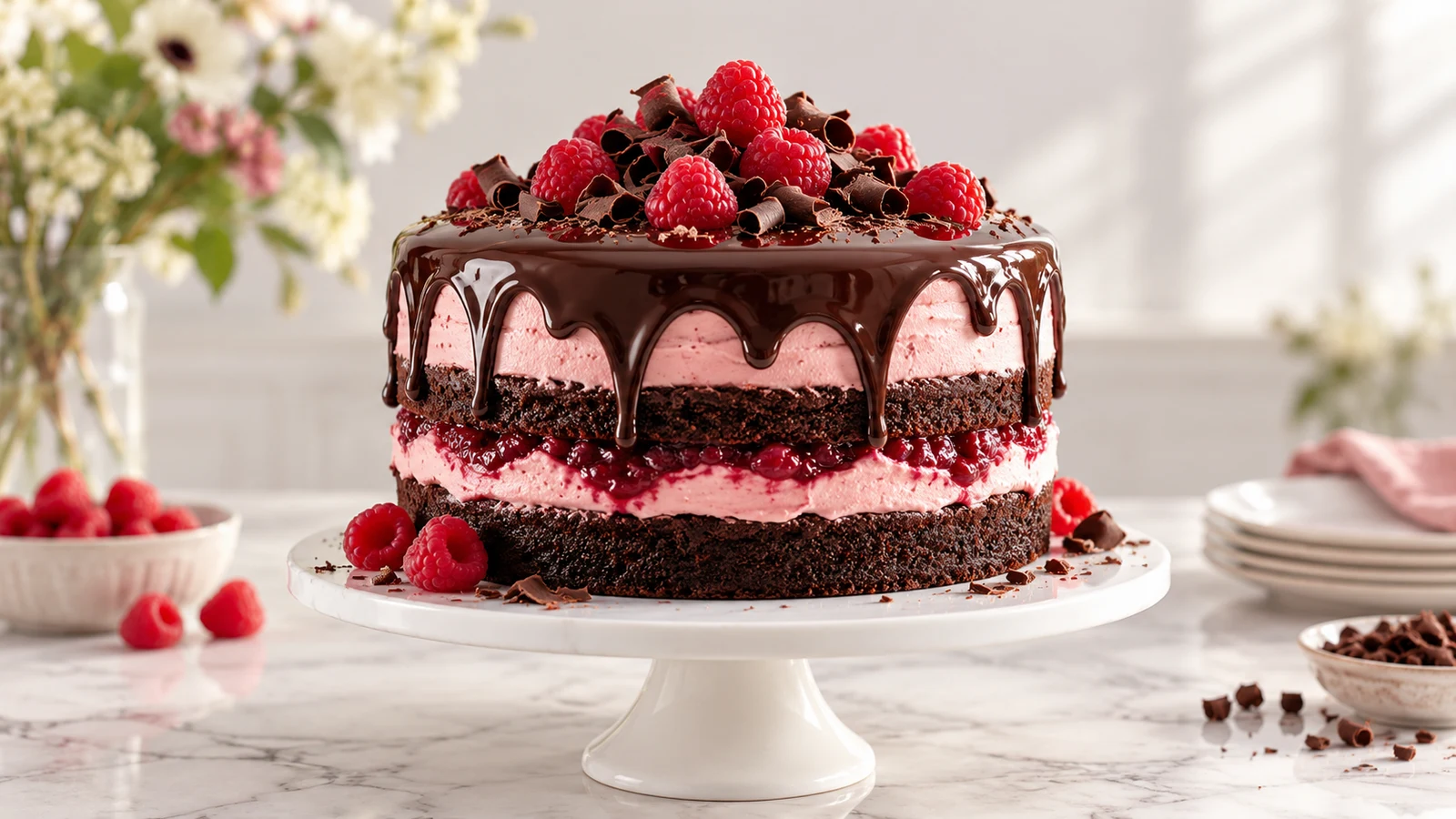 Chocolate raspberry cake with berry filling, pink buttercream, dark ganache, raspberries and chocolate curls.