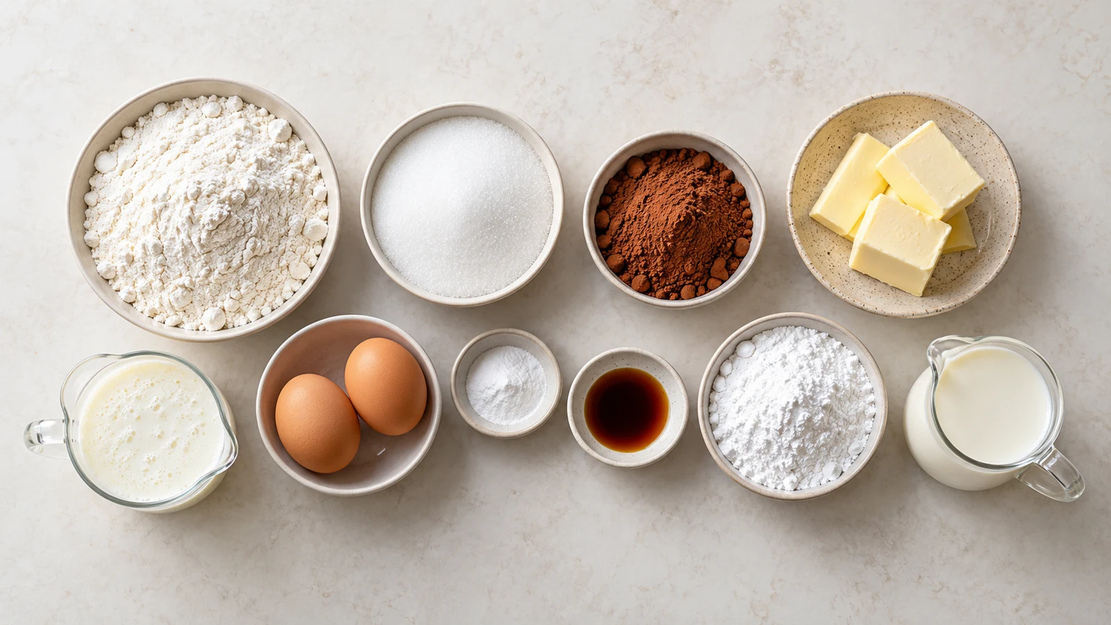 Chocolate sheet cake recipe: chocolate sheet cake ingredients arranged in bowls on a clean, light surface.