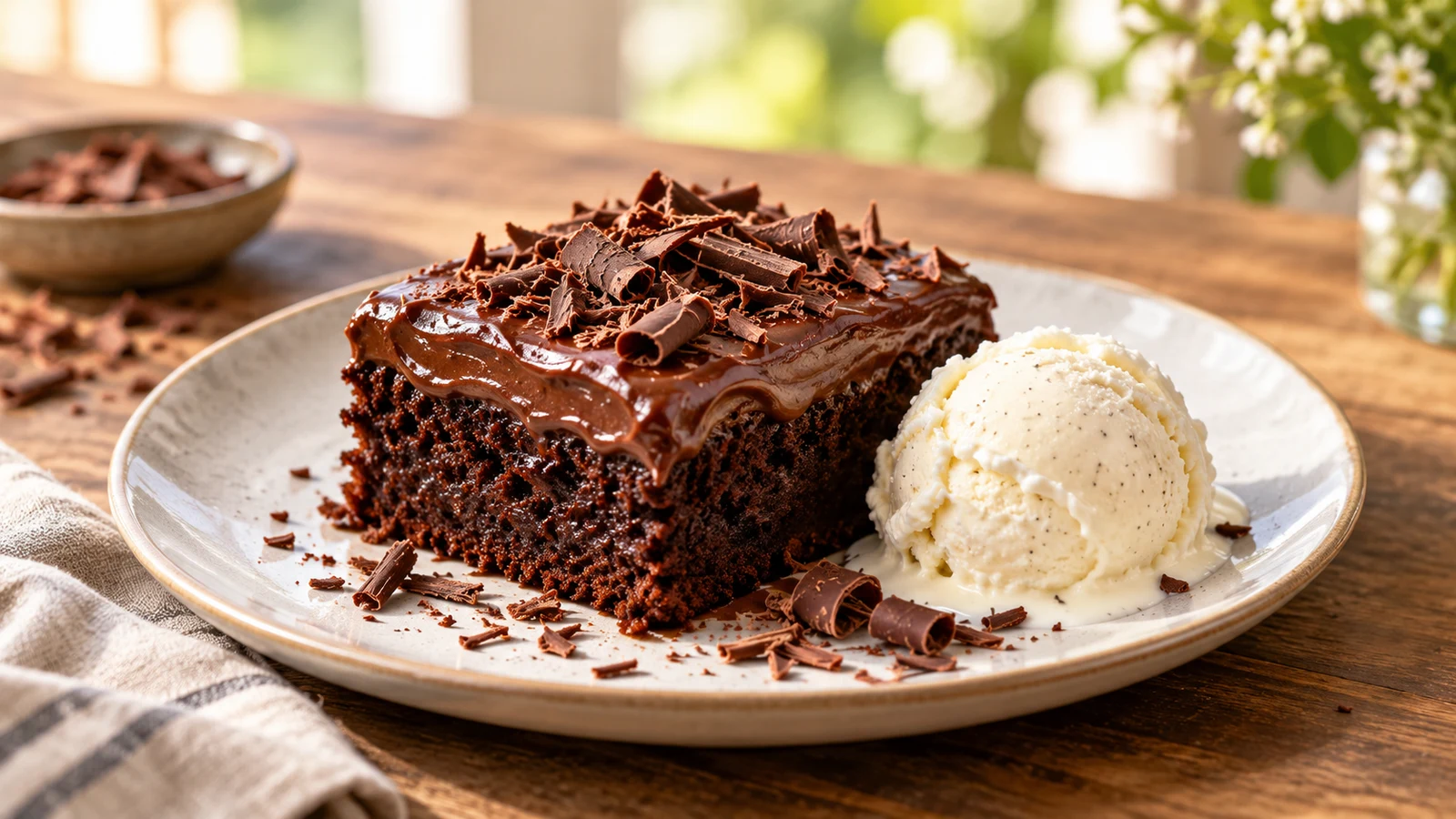 Chocolate sheet cake slice with chocolate shavings and a scoop of vanilla ice cream.