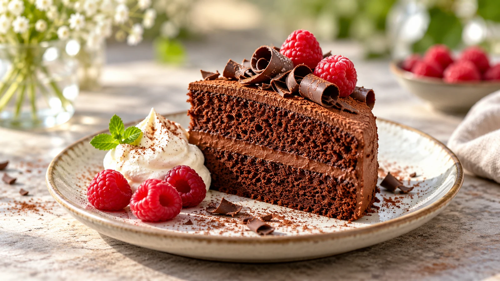 Chocolate sponge cake slice served with fresh raspberries and a spoonful of vanilla whipped cream.