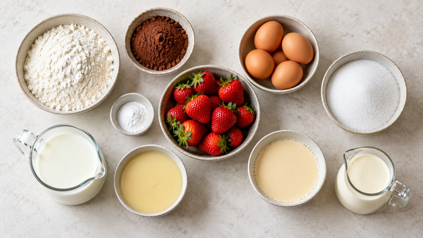 Chocolate tres leches cake recipe: ingredients for chocolate tres leches cake arranged in bowls with cocoa, eggs, three milks, cream, and berries.