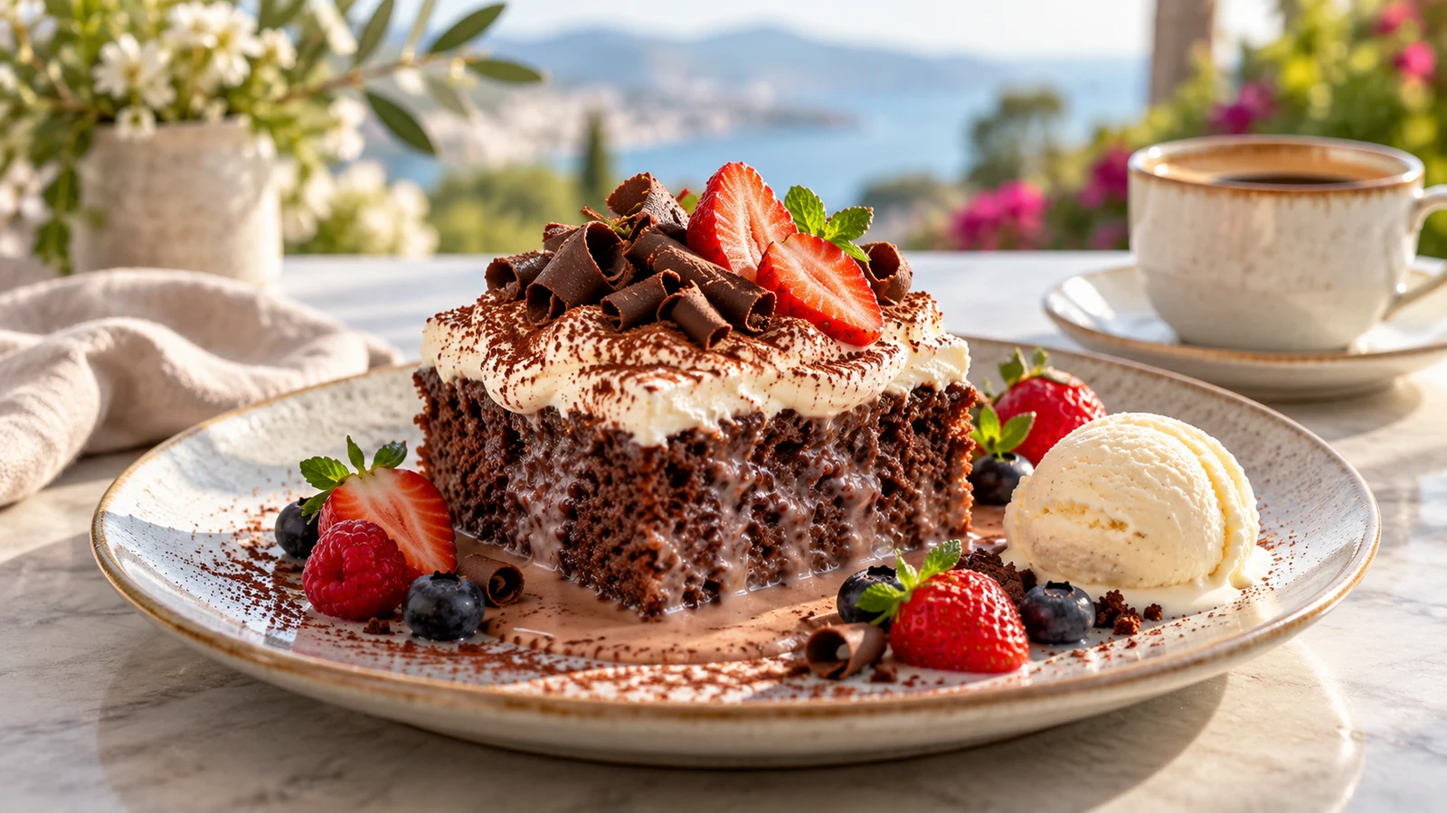 Chocolate tres leches cake slice served with whipped cream, strawberries, fresh berries, vanilla ice cream, and coffee.