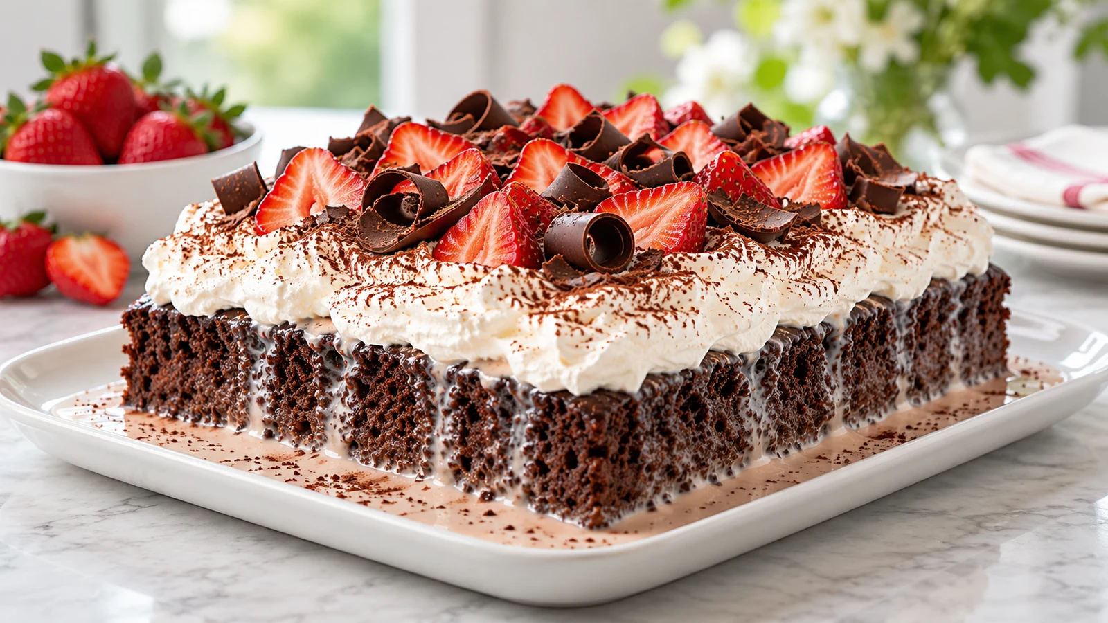 Chocolate tres leches cake topped with whipped cream, cocoa, chocolate curls, and sliced strawberries.