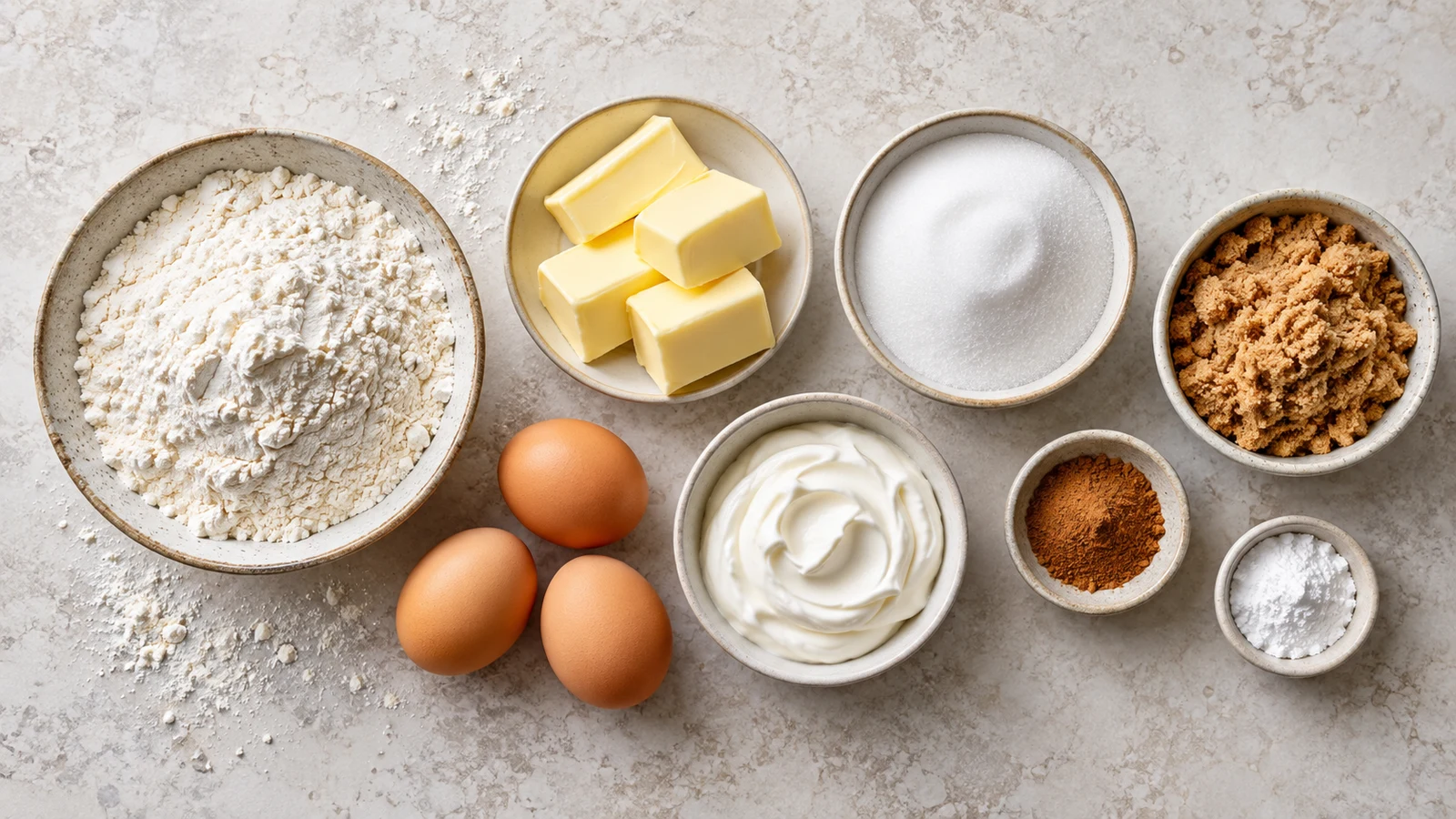 Cinnamon coffee cake recipe: ingredients for cinnamon coffee cake arranged in bowls with flour, butter, sugars, eggs, sour cream, and cinnamon.
