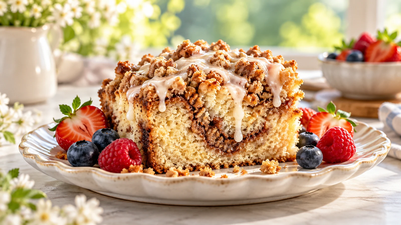 Slice of cinnamon coffee cake with vanilla glaze, cinnamon streusel, strawberries, blueberries, and raspberries.