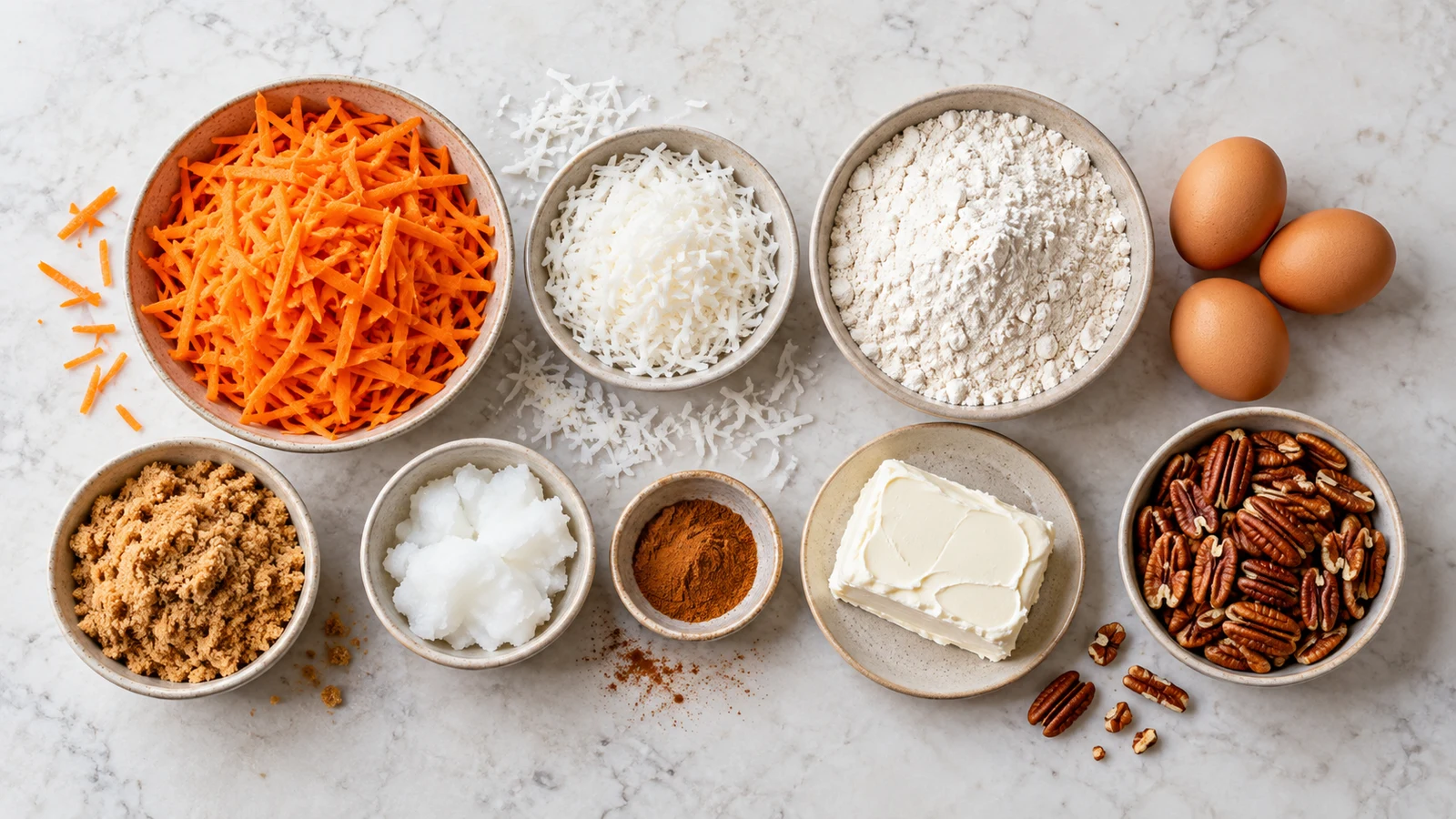 Coconut and carrot cake recipe: ingredients for coconut and carrot cake arranged in bowls on a light stone surface.