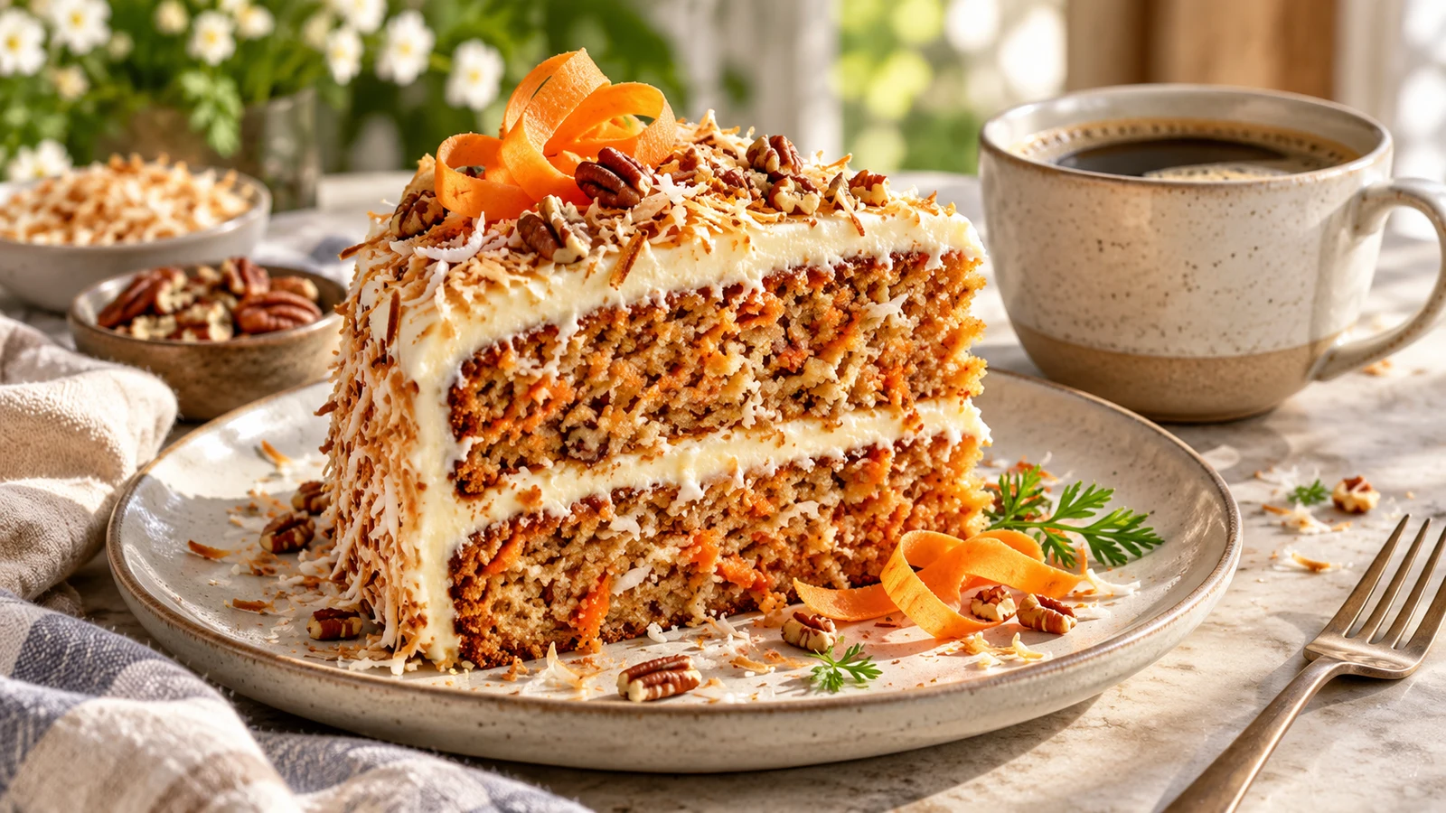 Slice of coconut and carrot cake with cream cheese frosting, pecans, carrot curl, and coffee.