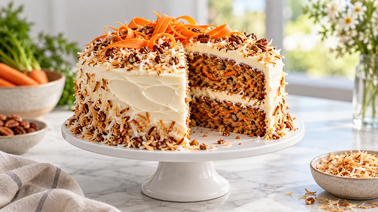 Layered coconut and carrot cake with cream cheese frosting, toasted coconut, pecans, and carrot curls.
