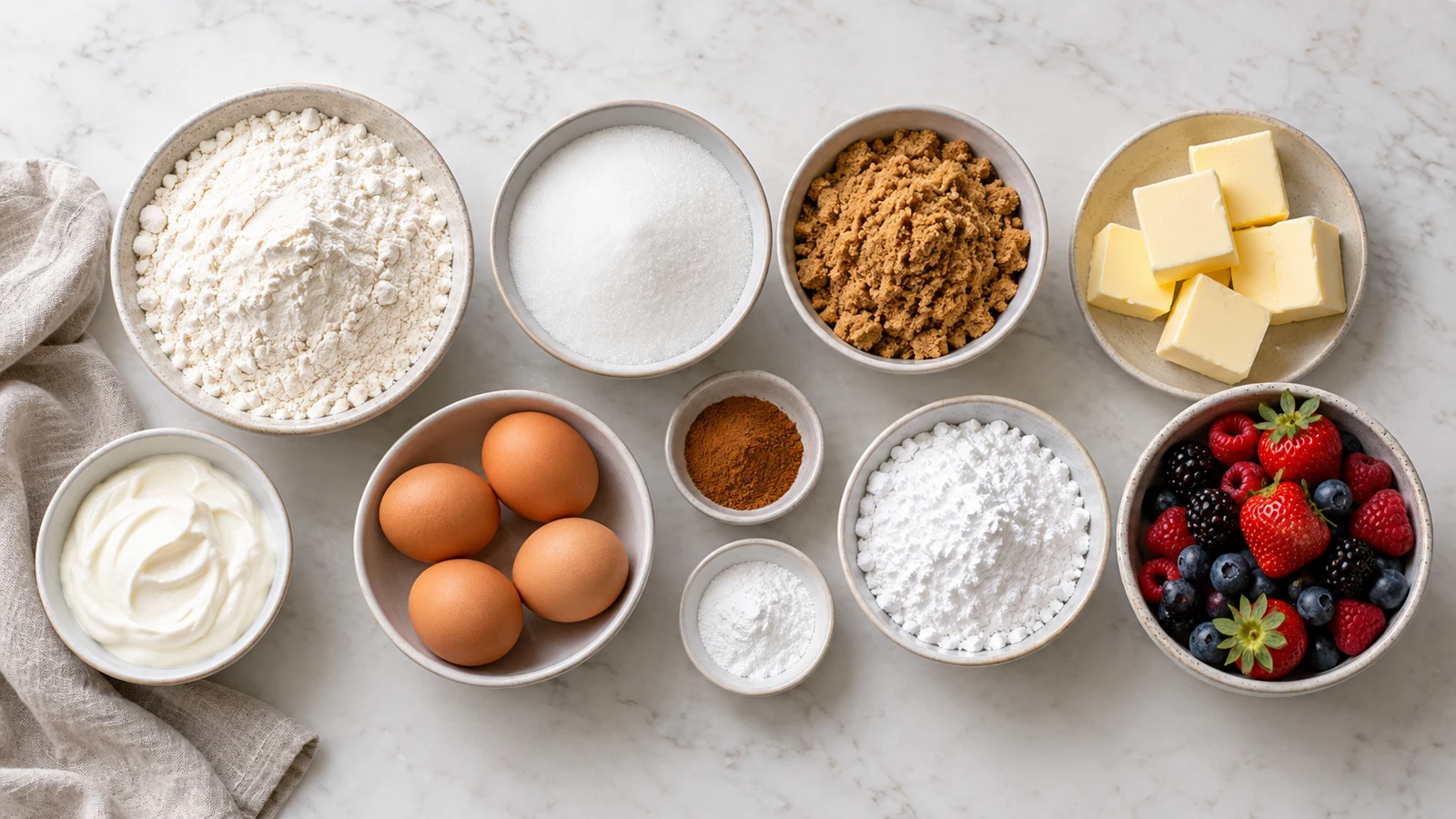 Coffee cake muffin recipe: coffee cake muffin ingredients arranged in bowls with flour, sugars, butter, sour cream, eggs, and cinnamon.