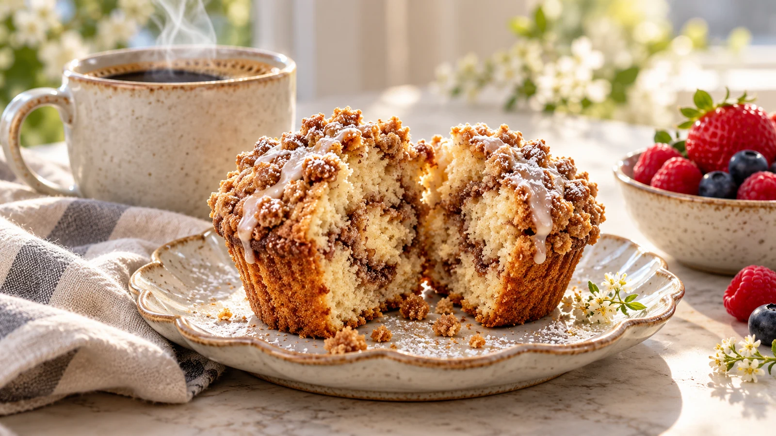 Coffee cake muffin served with hot coffee and fresh berries, showing a moist crumb and cinnamon ribbon.