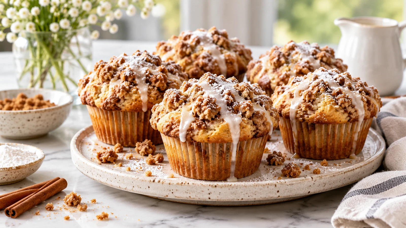 Coffee cake muffin with cinnamon streusel, vanilla glaze, and powdered sugar on a modern table.