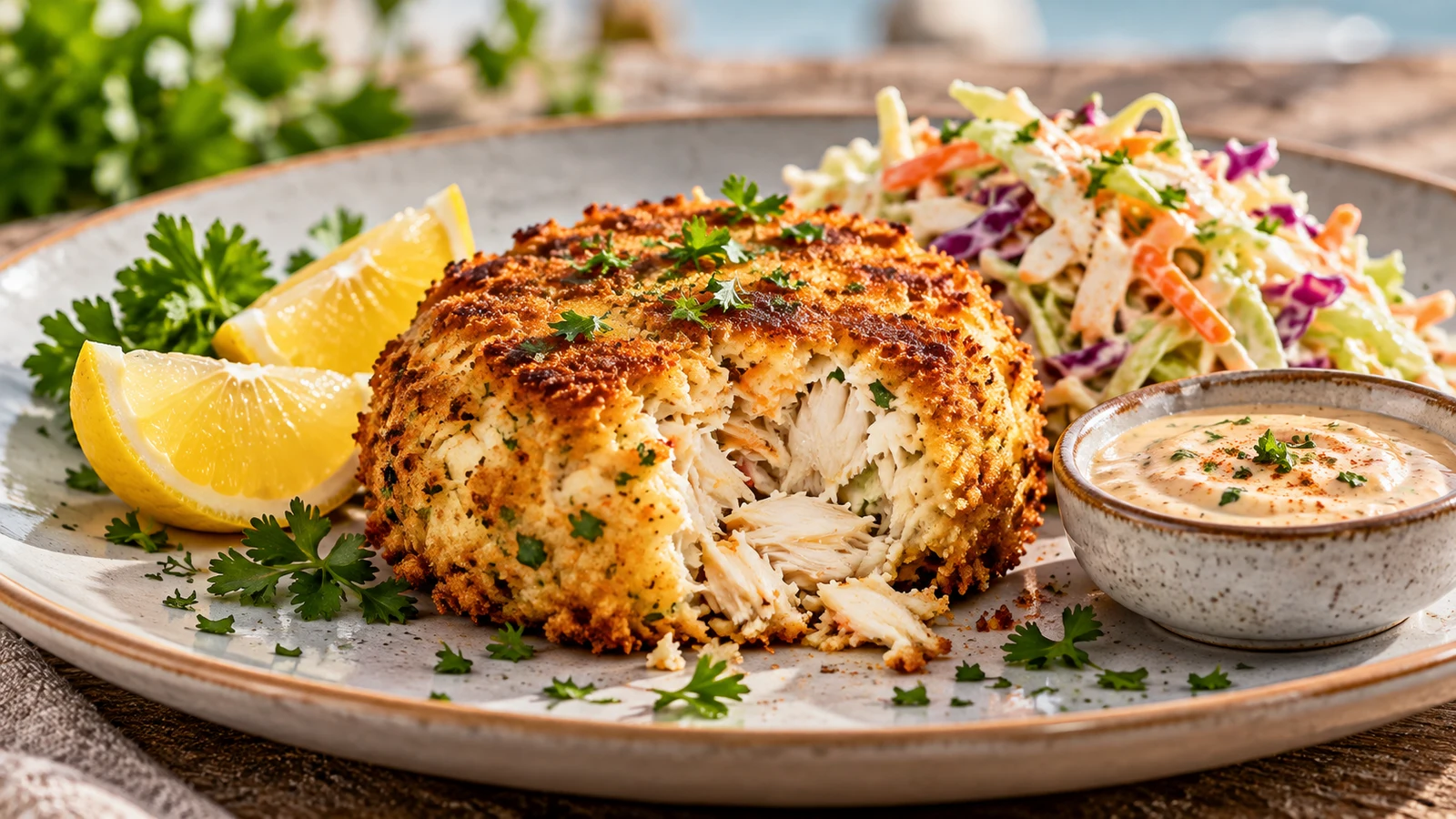 Crab cake recipe with canned crab plated and served