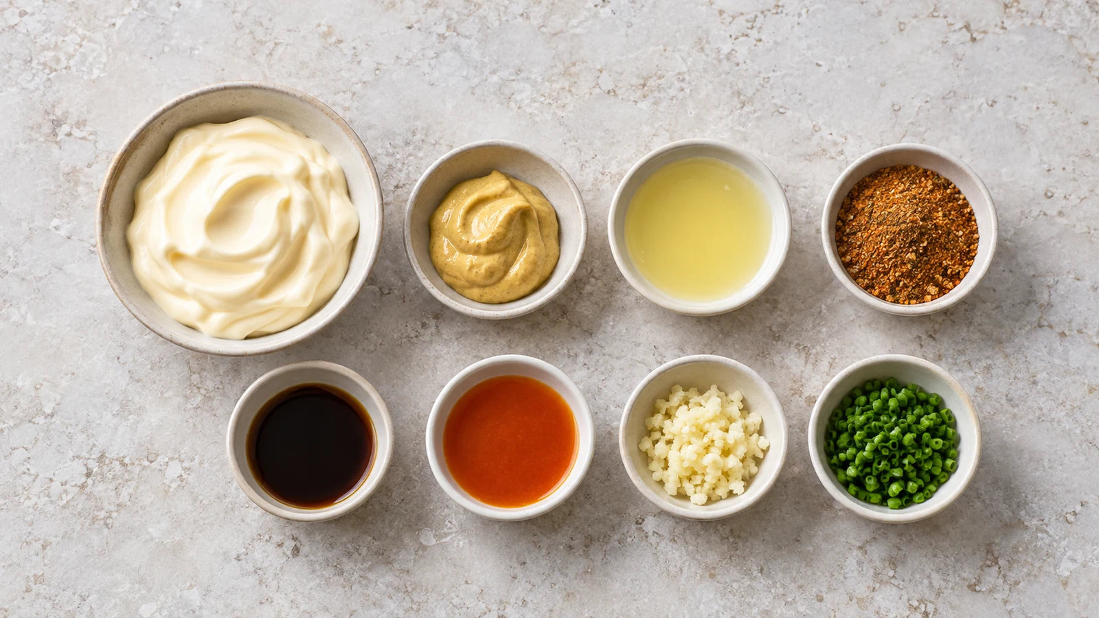 Crab cake sauce recipe: crab cake sauce ingredients arranged in small bowls on a light stone surface.
